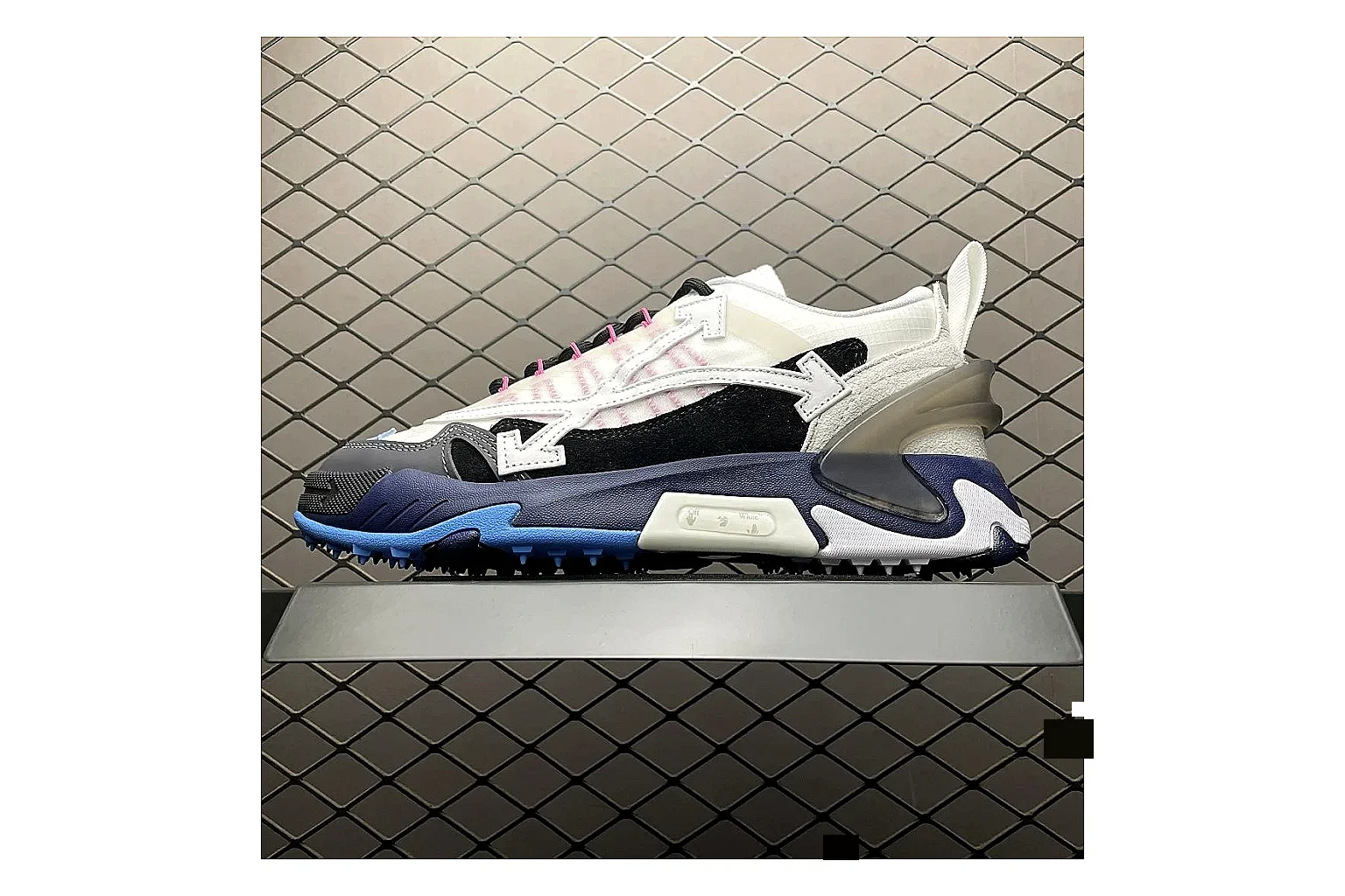 Off-White Out Of Office White Navy shopping brief image showing white navy out-of-office low-top with mixed upper and low top shape