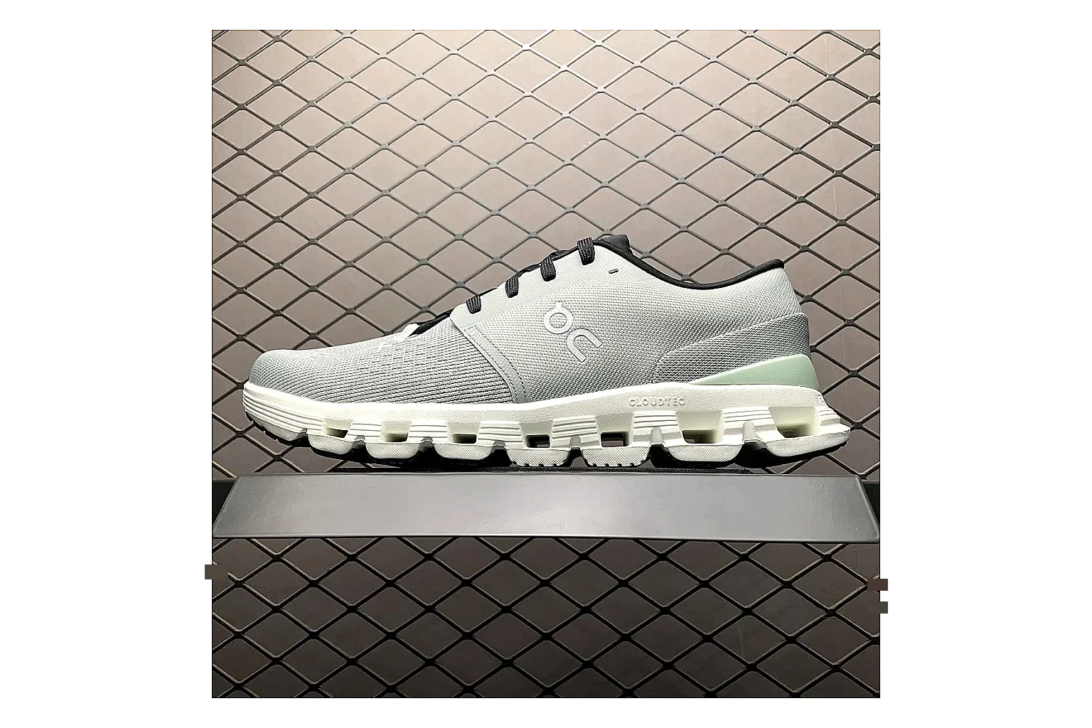 On Cloud X Grey Green Sneaker shopping brief image showing grey green cloud x trainer with mixed upper and trainer shape