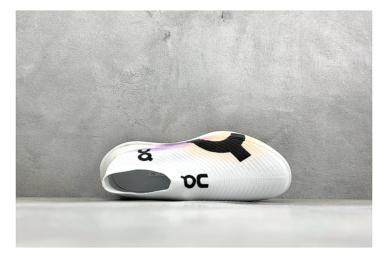 On Cloudboom White Peach shopping brief photo showing white performance mesh, peach gradient accents, slim racing profile, and segmented CloudTec sole thumbnail 5