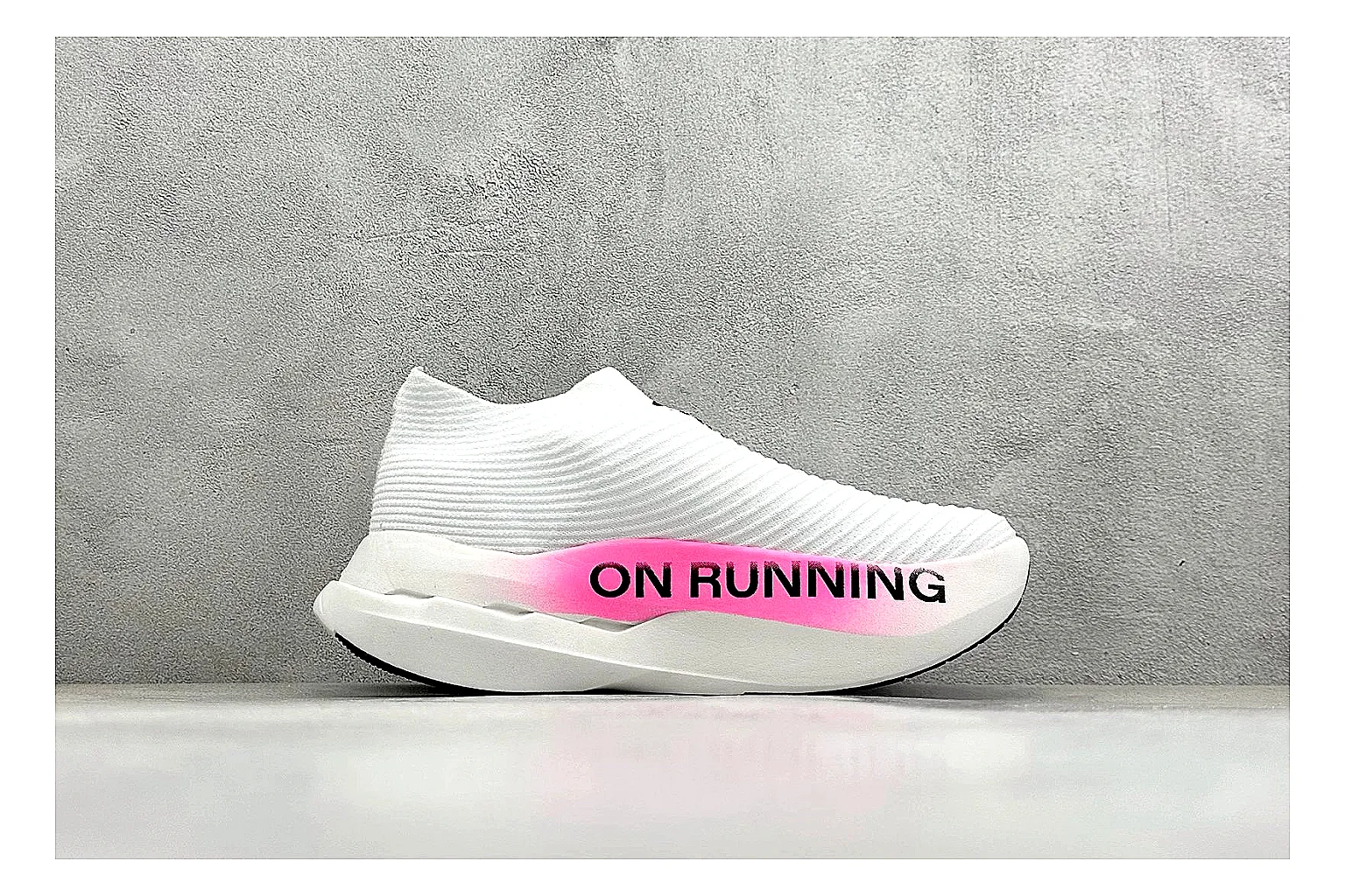 On Cloudboom White Pink shopping brief photo showing white running mesh, pink gradient accents, low racing shape, and segmented CloudTec sole thumbnail 4