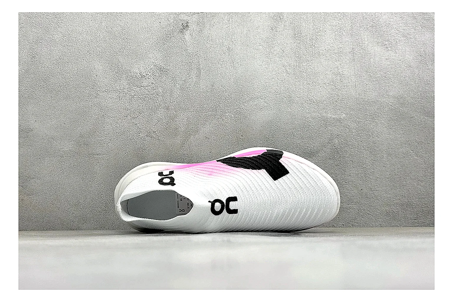 On Cloudboom White Pink shopping brief photo showing white running mesh, pink gradient accents, low racing shape, and segmented CloudTec sole thumbnail 5