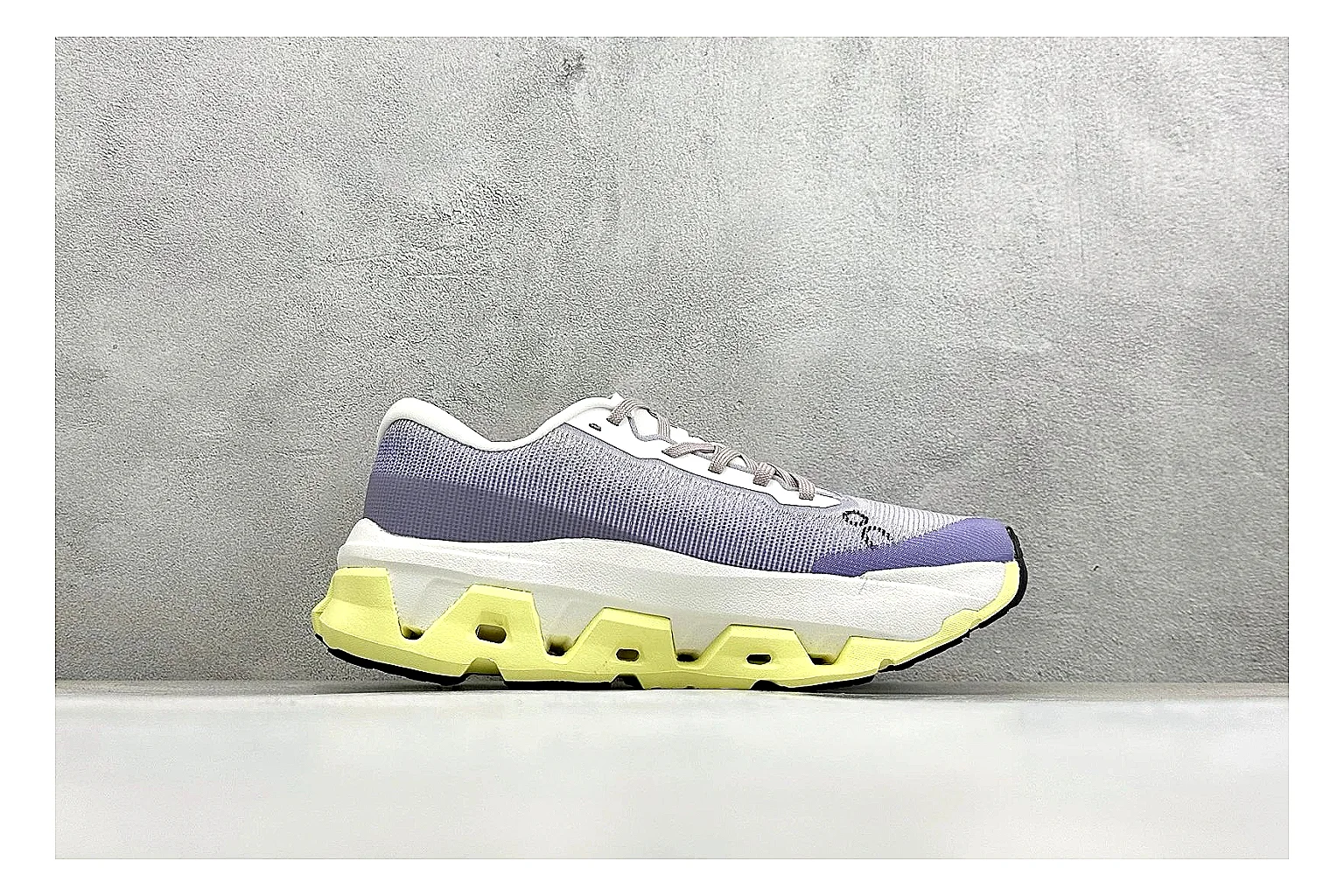 On Cloudmonster Lavender Lime shopping brief photo showing lavender runner upper, lime accent hits, oversized CloudTec pod sole, and soft technical color mix thumbnail 4