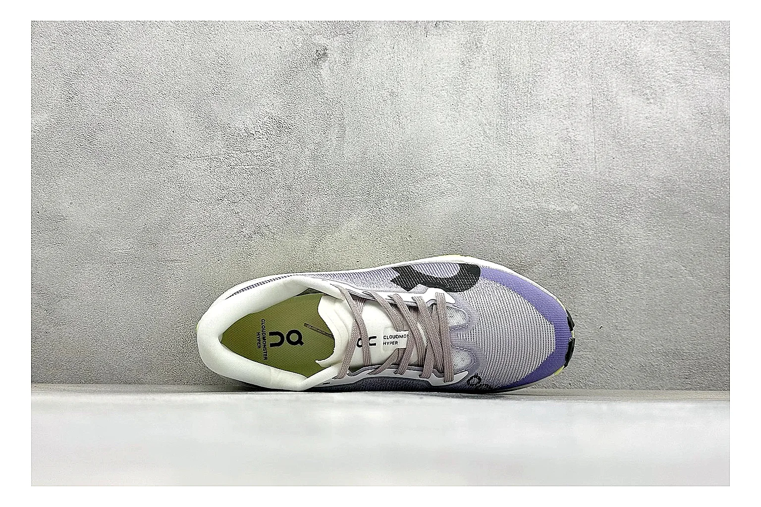 On Cloudmonster Lavender Lime shopping brief photo showing lavender runner upper, lime accent hits, oversized CloudTec pod sole, and soft technical color mix thumbnail 5