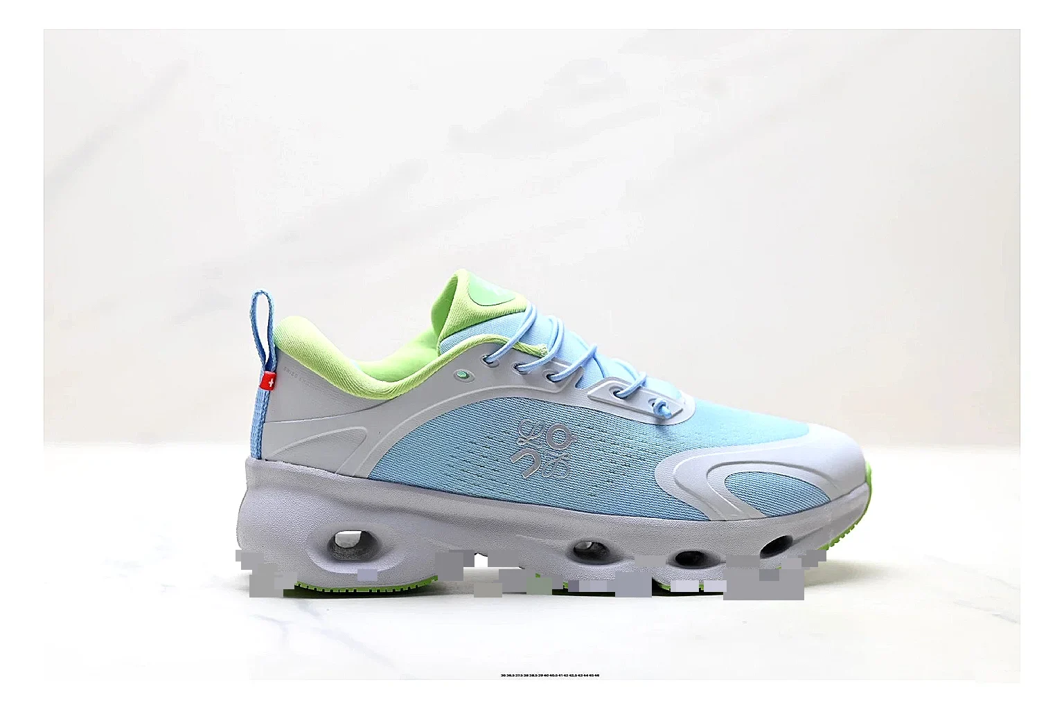 On Cloudsurfer Sky Blue Green Sneakers shopping brief image showing sky blue green running sneakers with mesh texture, side-profile shape, upper panel lines, and outsole detail