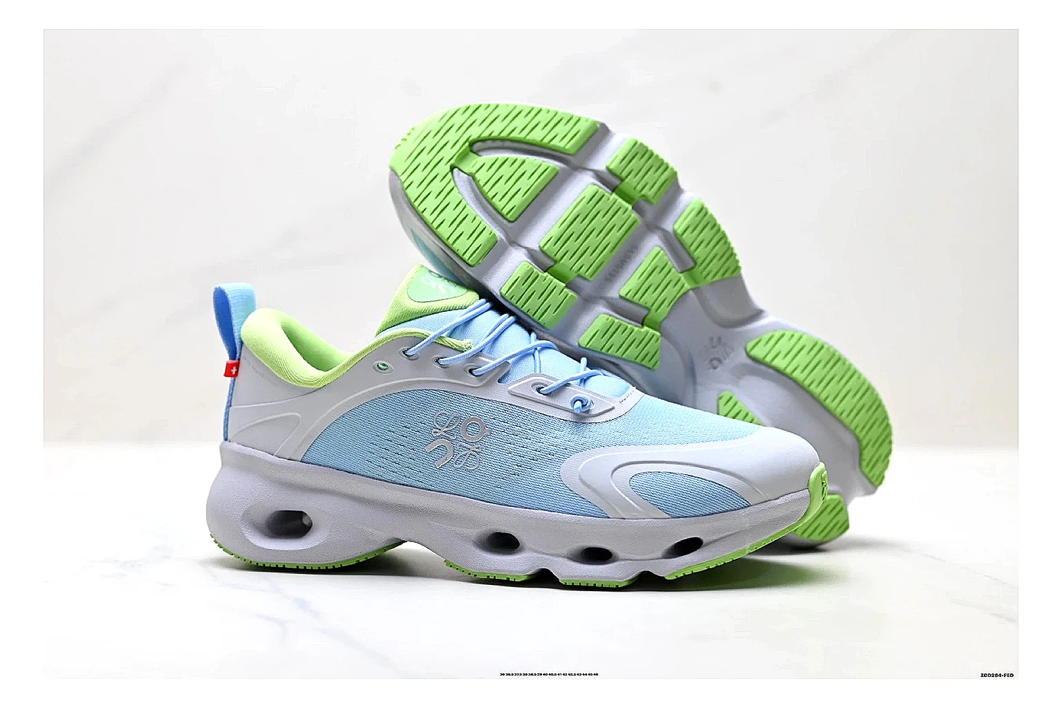 On Cloudsurfer Sky Blue Green Sneakers shopping brief image showing sky blue green running sneakers with mesh texture, side-profile shape, upper panel lines, and outsole detail thumbnail 3