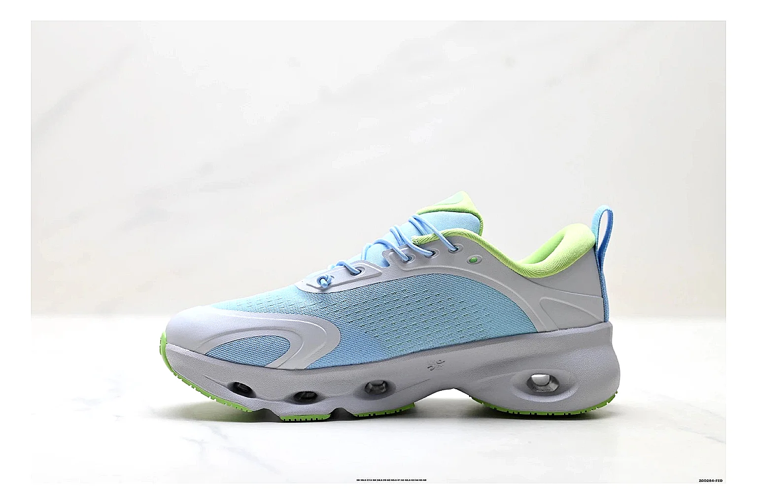 On Cloudsurfer Sky Blue Green Sneakers shopping brief image showing sky blue green running sneakers with mesh texture, side-profile shape, upper panel lines, and outsole detail thumbnail 4
