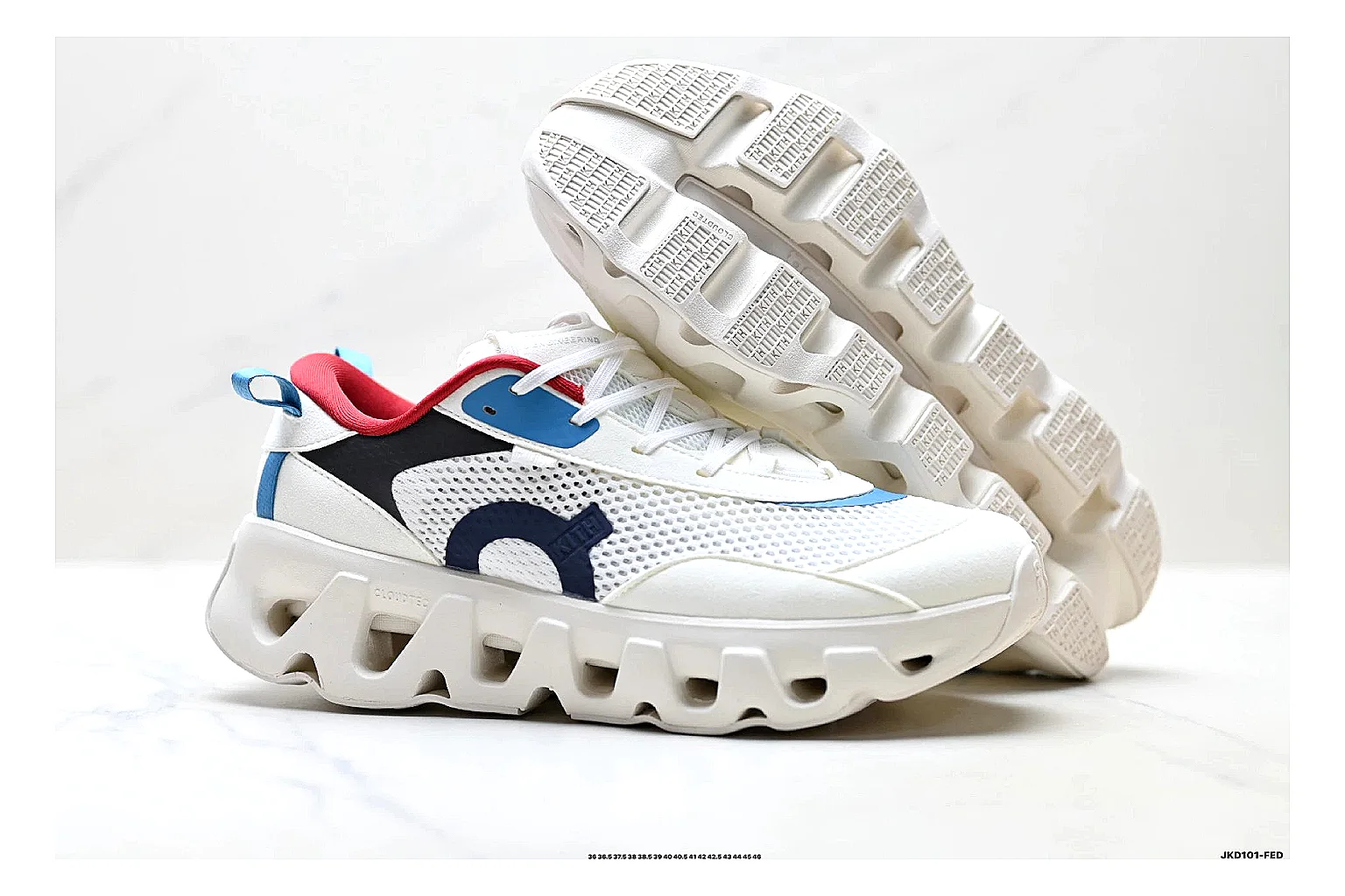 On Cloudswift K-Tech 2 White Blue Red Sneakers shopping brief image showing white blue red running sneakers with mesh texture, side-profile shape, upper panel lines, and outsole detail thumbnail 3