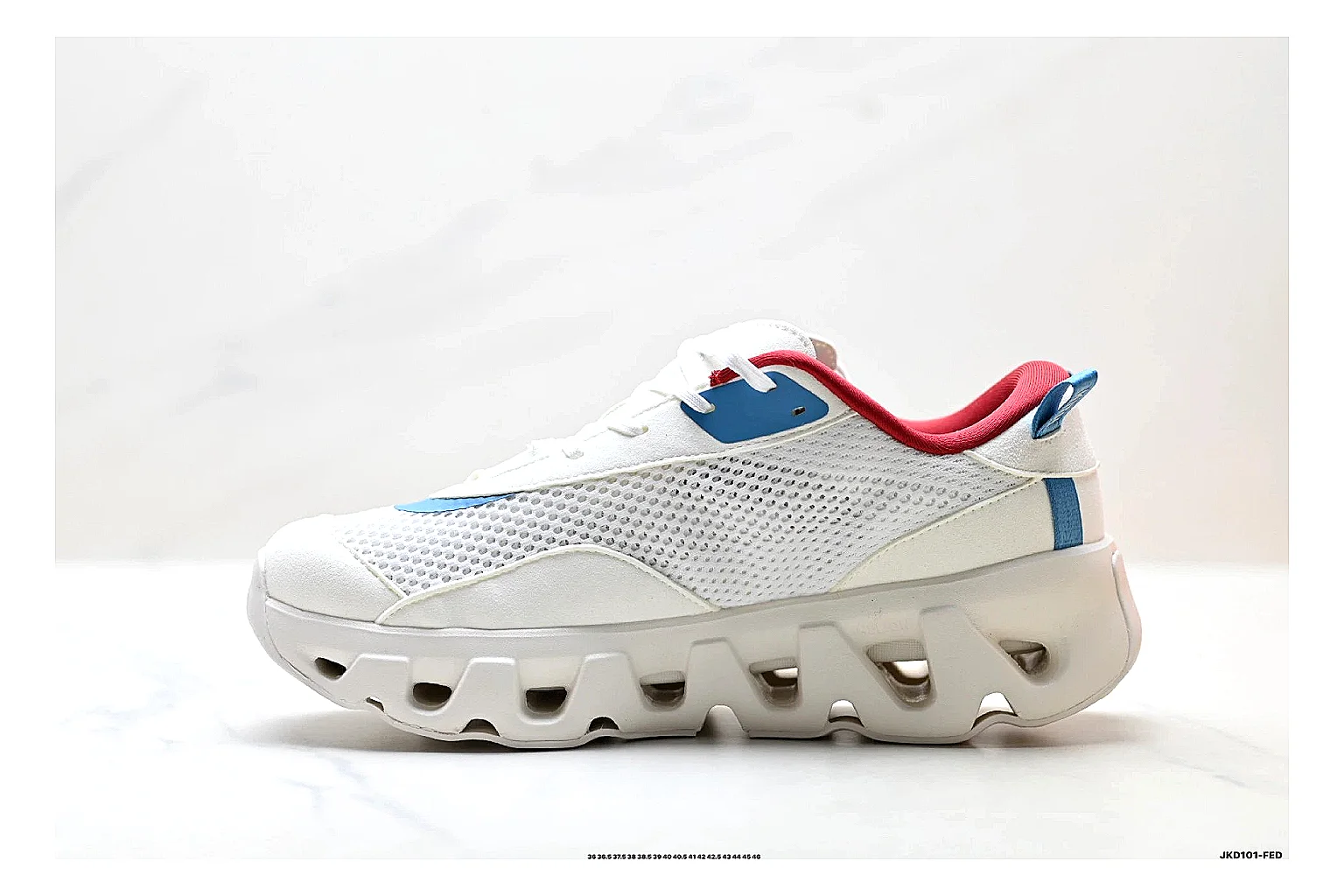On Cloudswift K-Tech 2 White Blue Red Sneakers shopping brief image showing white blue red running sneakers with mesh texture, side-profile shape, upper panel lines, and outsole detail thumbnail 4