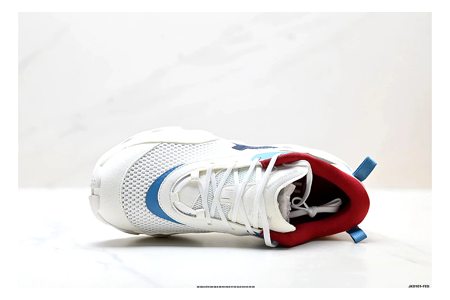 On Cloudswift K-Tech 2 White Blue Red Sneakers shopping brief image showing white blue red running sneakers with mesh texture, side-profile shape, upper panel lines, and outsole detail thumbnail 5