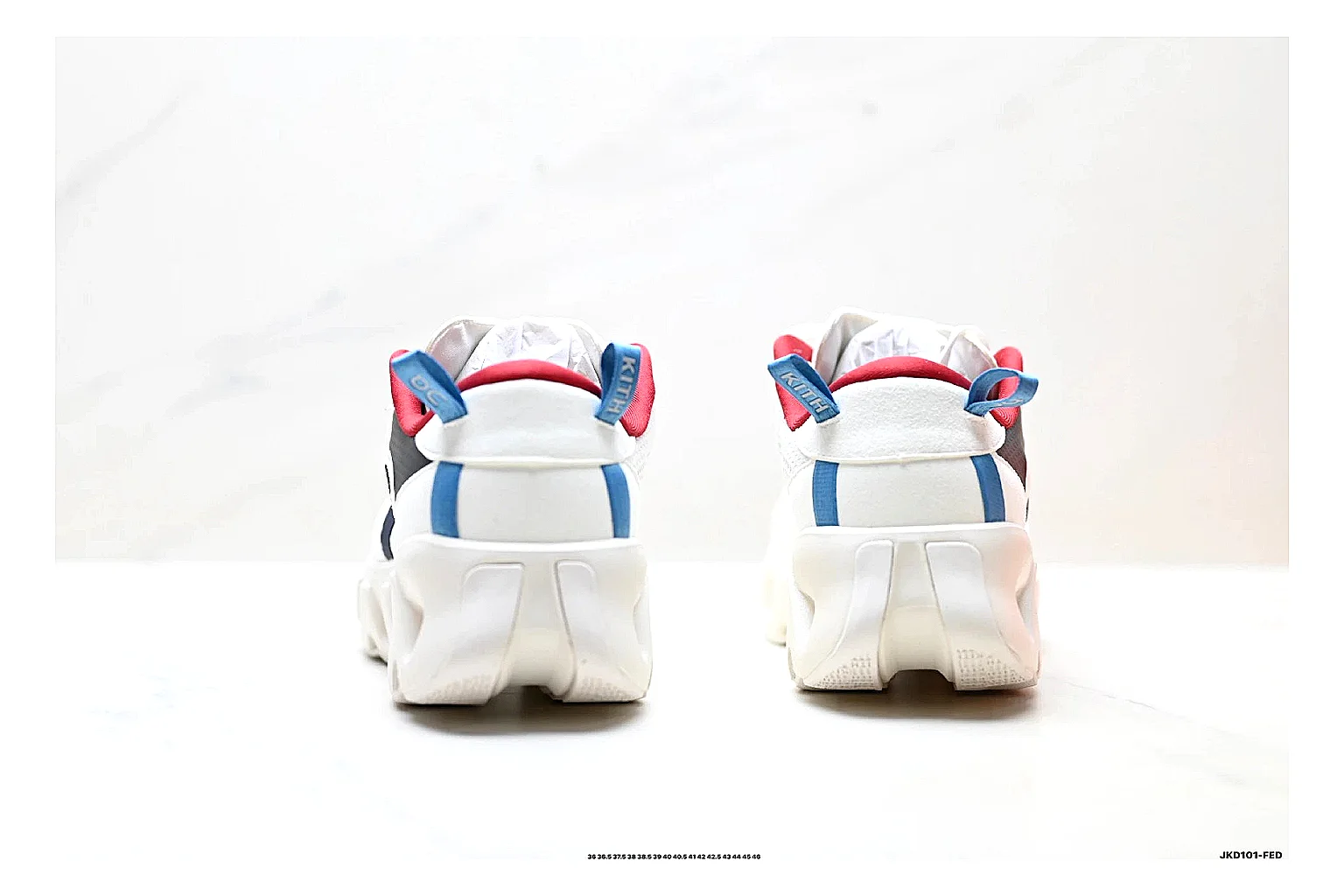 On Cloudswift K-Tech 2 White Blue Red Sneakers shopping brief image showing white blue red running sneakers with mesh texture, side-profile shape, upper panel lines, and outsole detail thumbnail 6