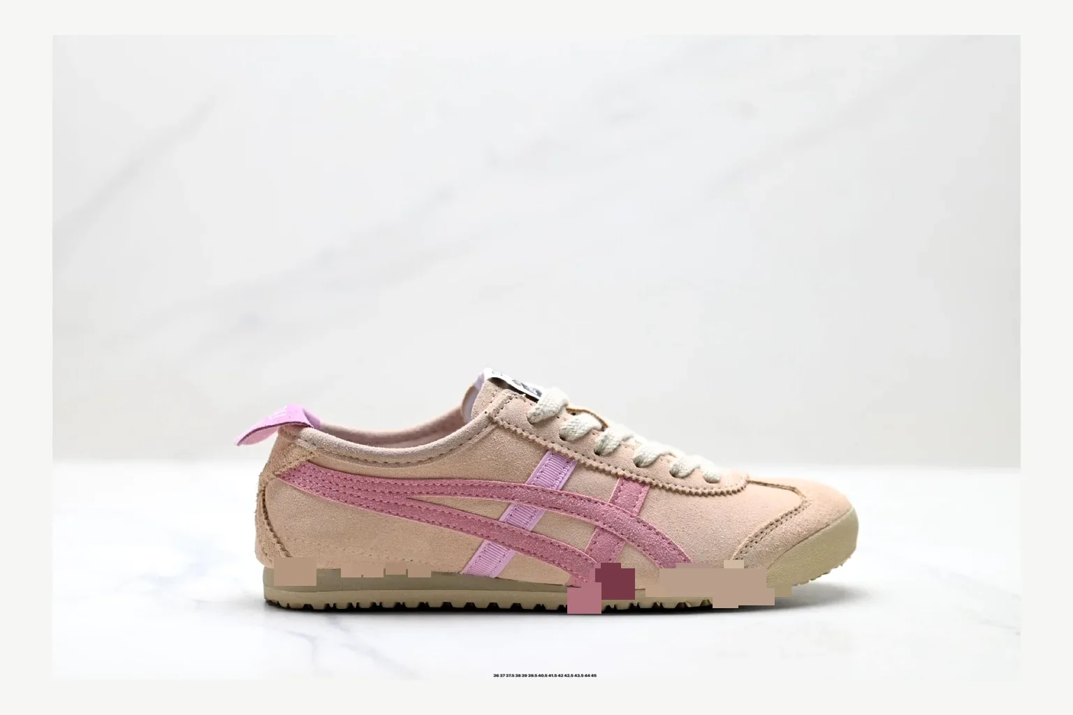 Onitsuka Tiger Beige Pink Sneaker shopping brief image showing pink beige retro stripe low-top with mixed-material upper and low-profile shape