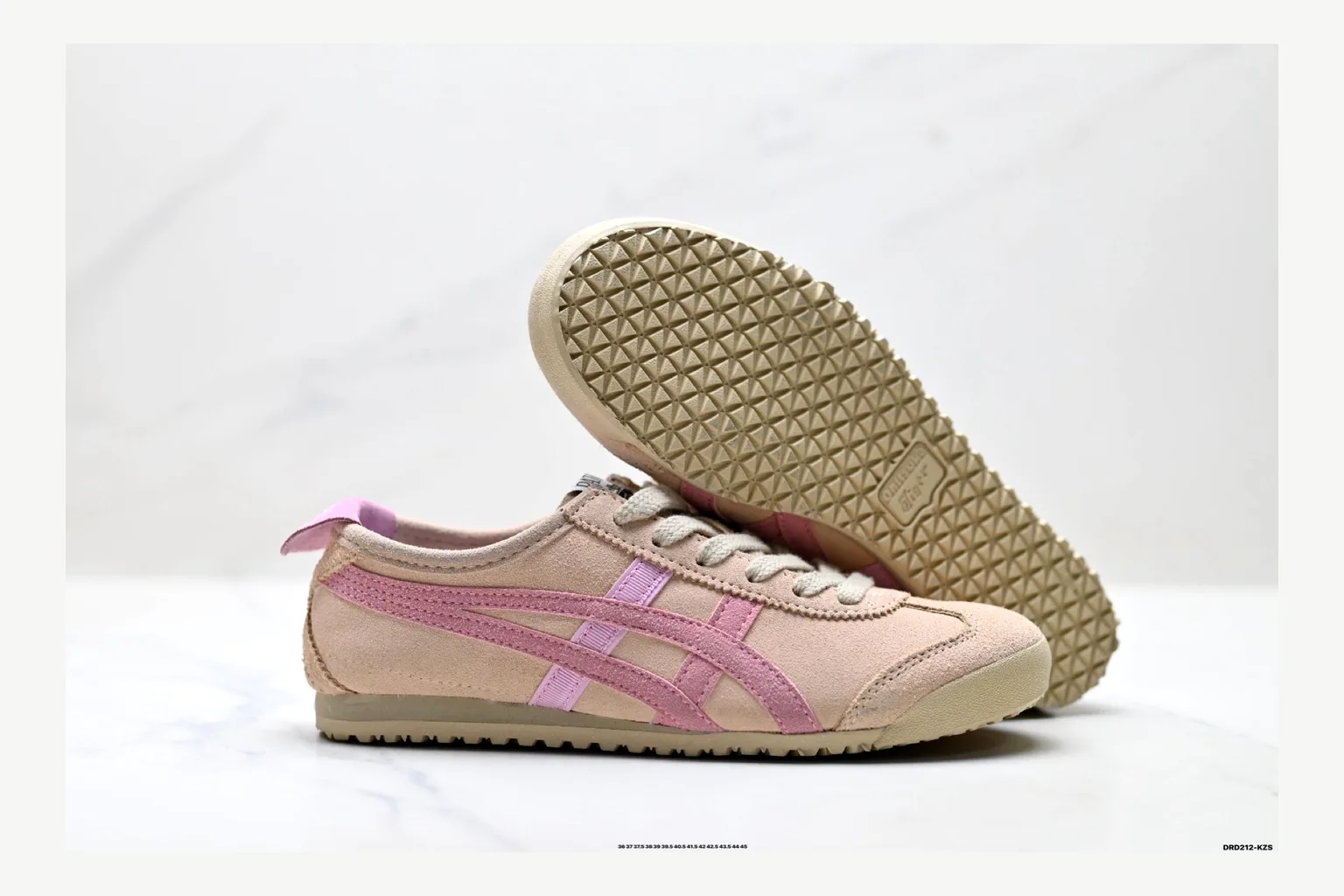 Onitsuka Tiger Beige Pink Sneaker shopping brief image showing pink beige retro stripe low-top with mixed-material upper and low-profile shape thumbnail 2