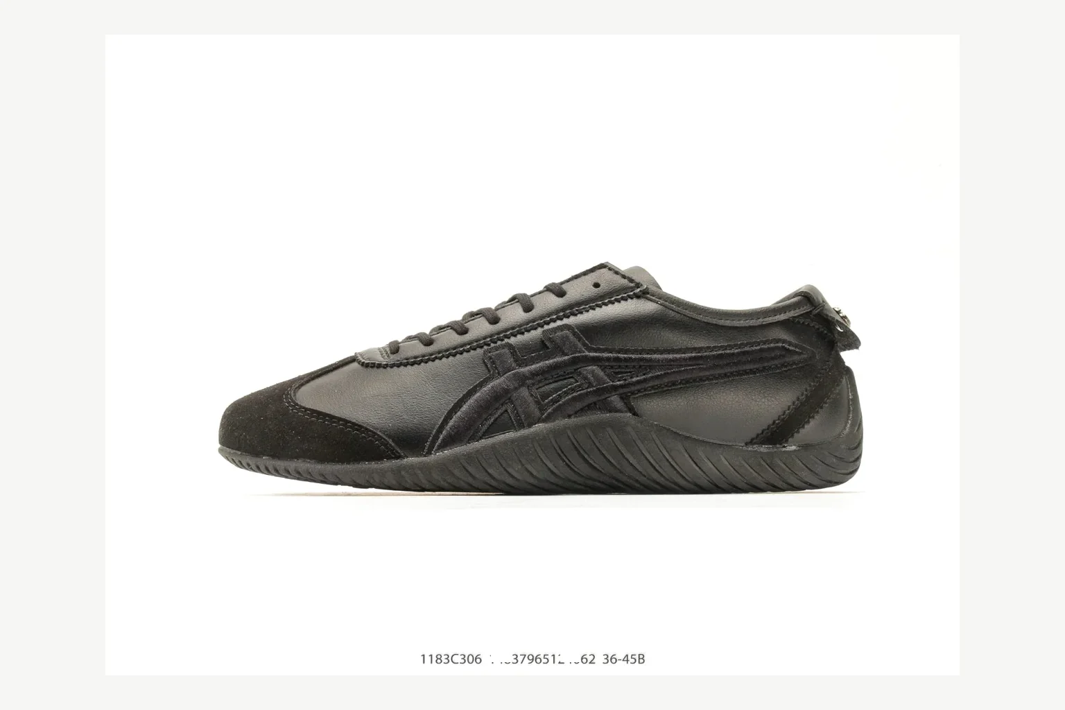 Onitsuka Tiger Black Low Sneaker shopping brief image showing black retro stripe low-top with mixed-material upper and low-profile shape