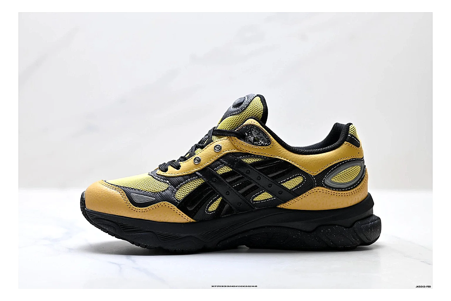 Onitsuka Tiger GEL-C 2.0 Yellow Black Sneakers shopping brief image showing yellow black mesh runner sneakers with mesh-leather texture, side-profile shape, upper panel lines, and outsole detail thumbnail 4