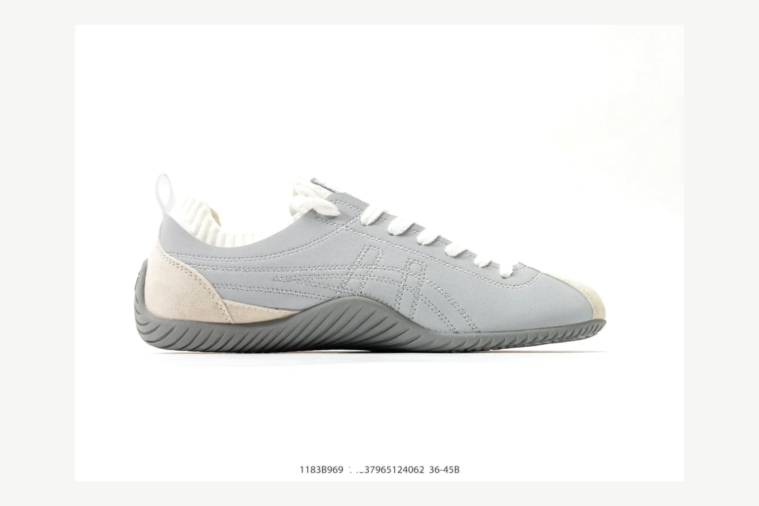 Onitsuka Tiger Grey White Sneaker shopping brief image showing white grey retro stripe low-top with mixed-material upper and low-profile shape