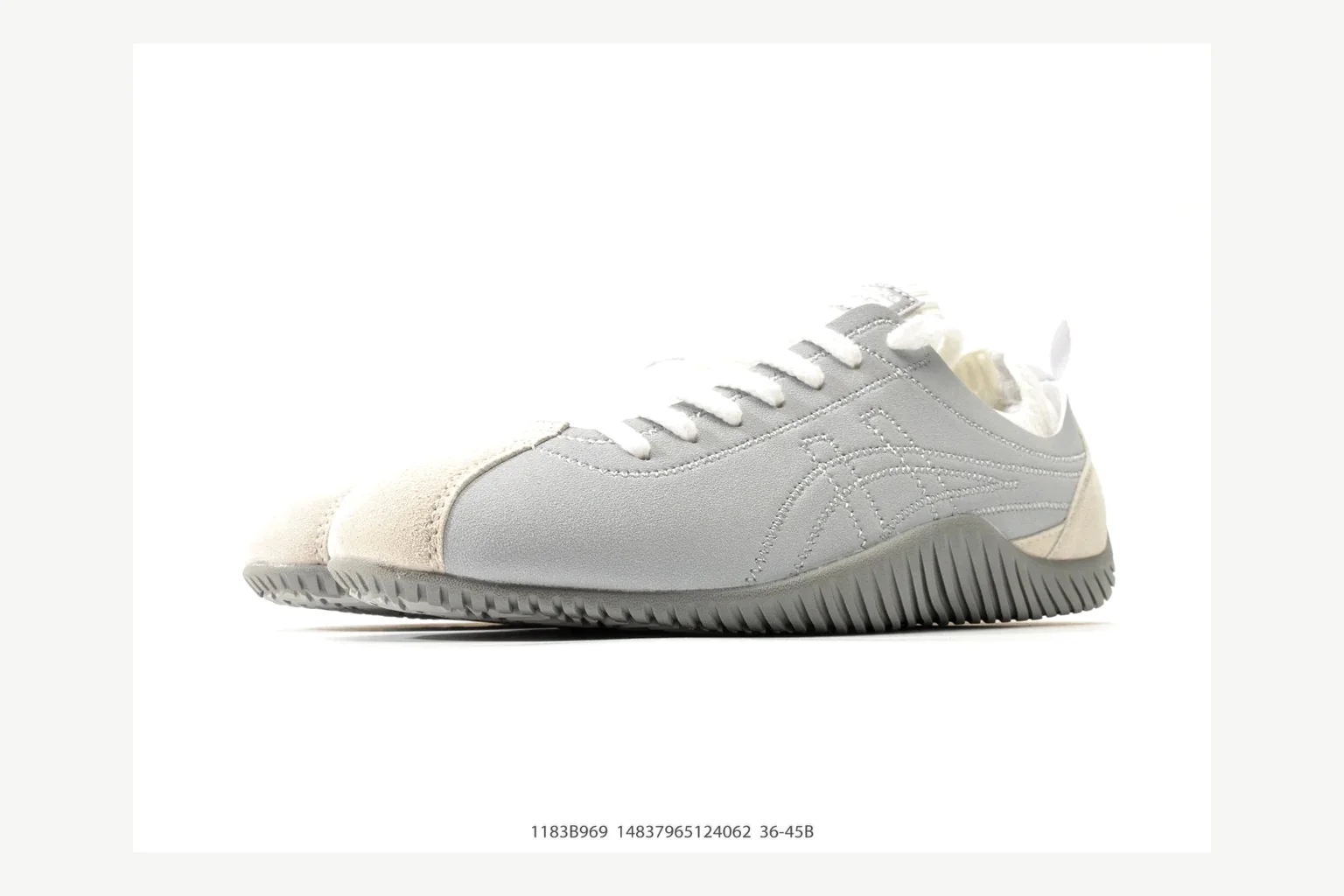 Onitsuka Tiger Grey White Sneaker shopping brief image showing white grey retro stripe low-top with mixed-material upper and low-profile shape thumbnail 2