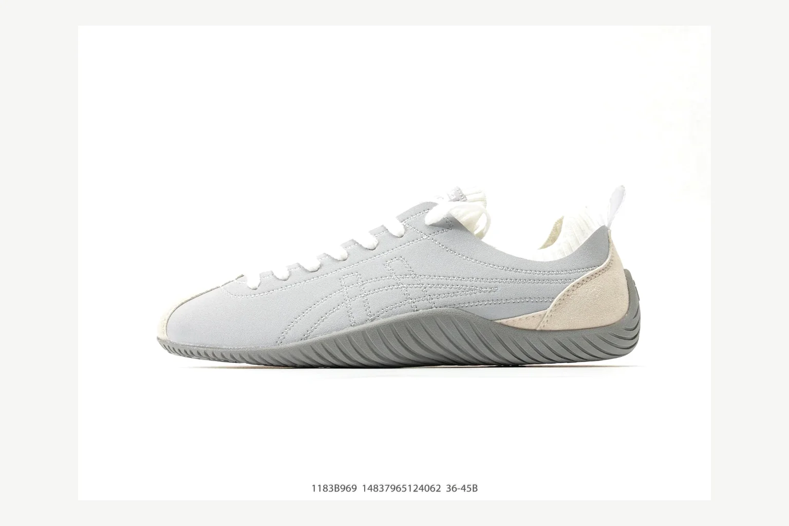 Onitsuka Tiger Grey White Sneaker shopping brief image showing white grey retro stripe low-top with mixed-material upper and low-profile shape thumbnail 4