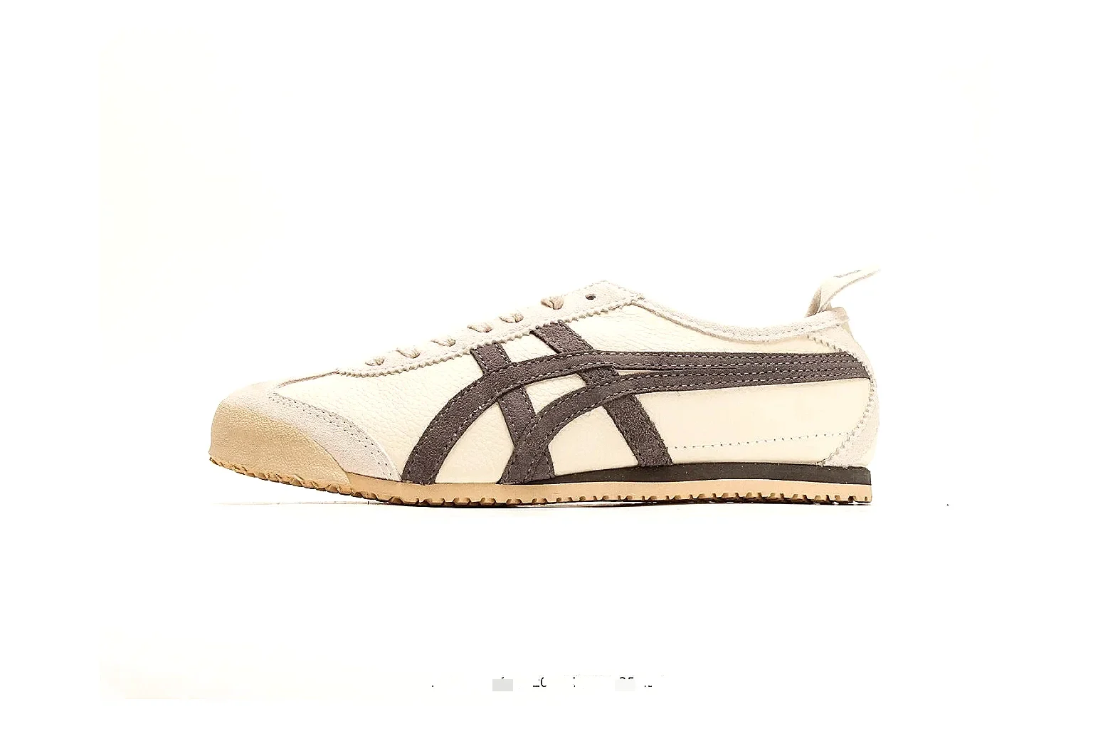 Onitsuka Tiger Mexico 66 Cream Brown Sneakers shopping brief image showing cream brown low-top sneakers with leather texture, side-profile shape, upper panel lines, and outsole detail