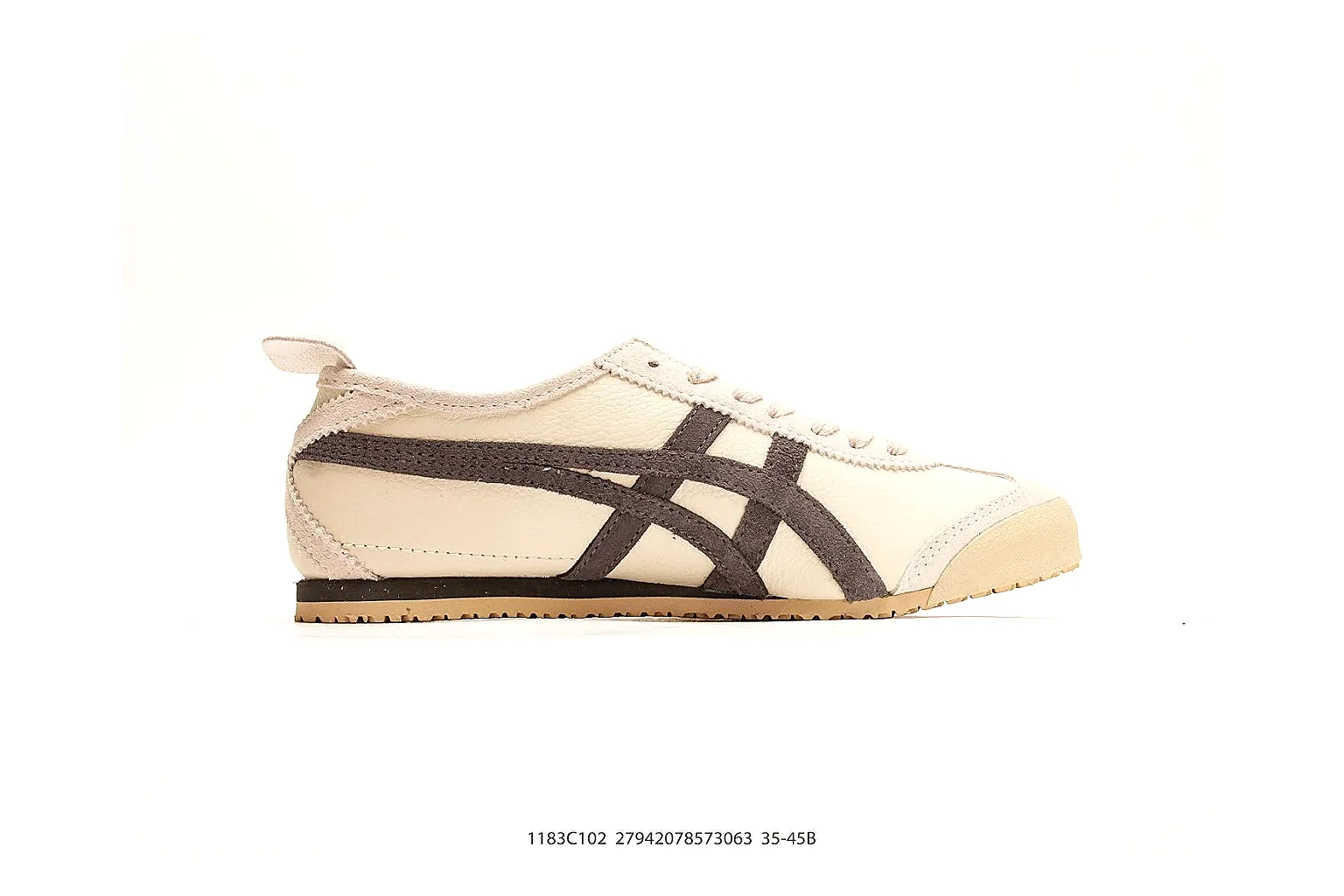 Onitsuka Tiger Mexico 66 Cream Brown Sneakers shopping brief image showing cream brown low-top sneakers with leather texture, side-profile shape, upper panel lines, and outsole detail thumbnail 4