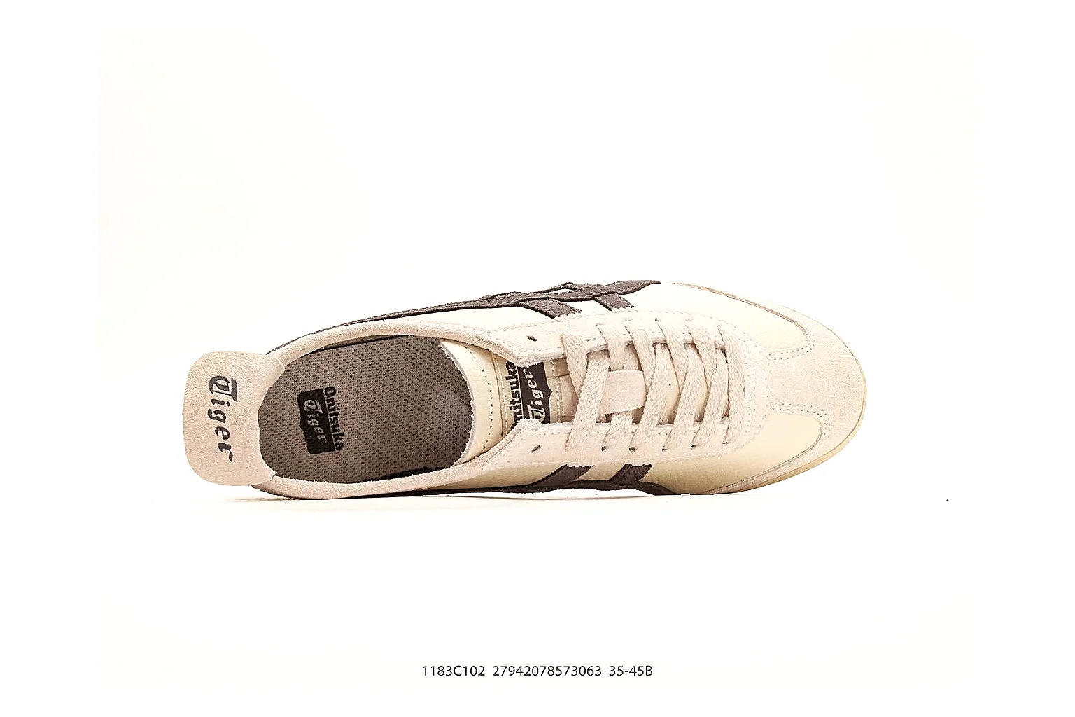 Onitsuka Tiger Mexico 66 Cream Brown Sneakers shopping brief image showing cream brown low-top sneakers with leather texture, side-profile shape, upper panel lines, and outsole detail thumbnail 5