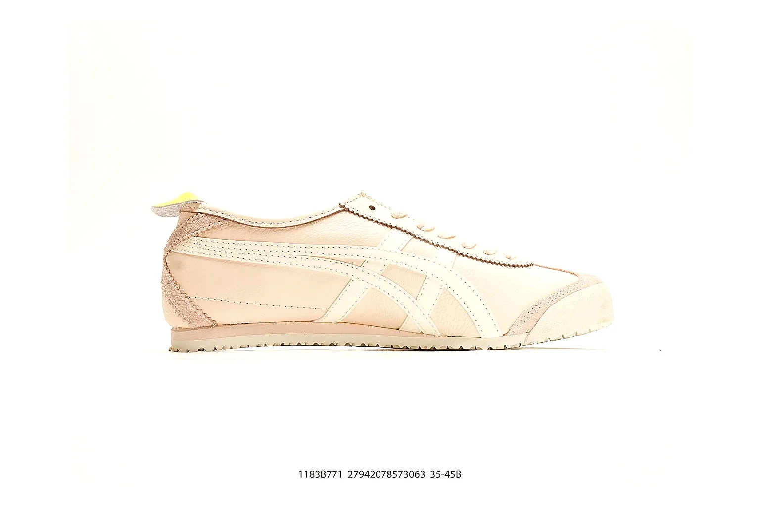 Onitsuka Tiger Mexico 66 Cream Yellow Sneakers shopping brief image showing cream yellow low-top sneakers with leather texture, side-profile shape, upper panel lines, and outsole detail thumbnail 4
