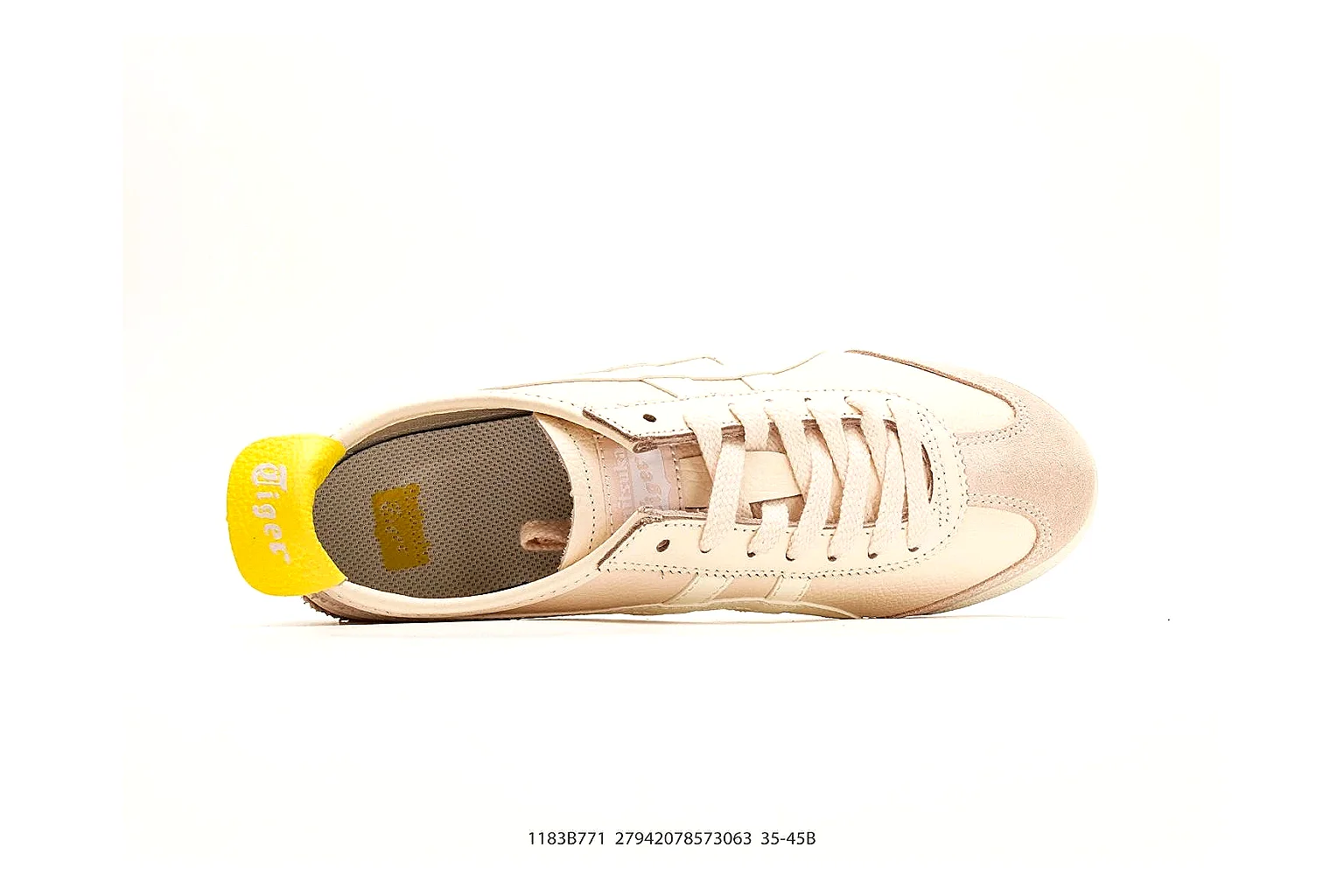 Onitsuka Tiger Mexico 66 Cream Yellow Sneakers shopping brief image showing cream yellow low-top sneakers with leather texture, side-profile shape, upper panel lines, and outsole detail thumbnail 5