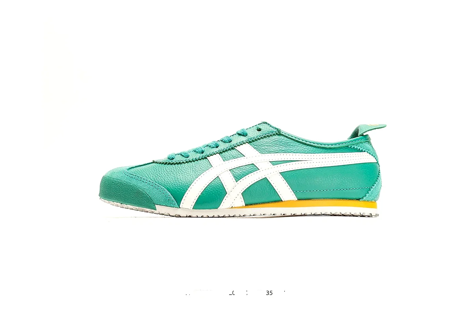 Onitsuka Tiger Mexico 66 Green White Sneakers shopping brief image showing green white low-top sneakers with leather texture, side-profile shape, upper panel lines, and outsole detail
