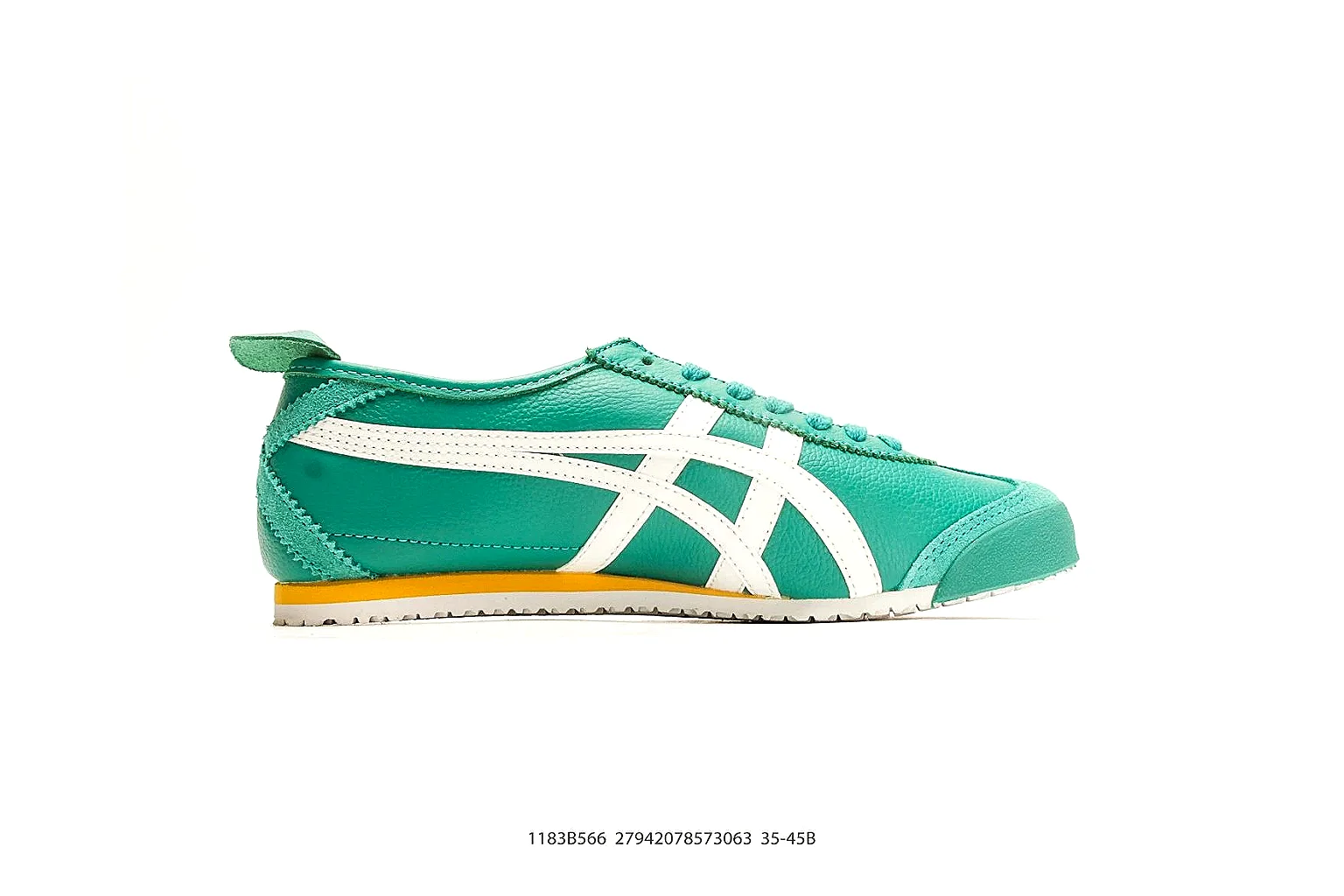 Onitsuka Tiger Mexico 66 Green White Sneakers shopping brief image showing green white low-top sneakers with leather texture, side-profile shape, upper panel lines, and outsole detail thumbnail 4