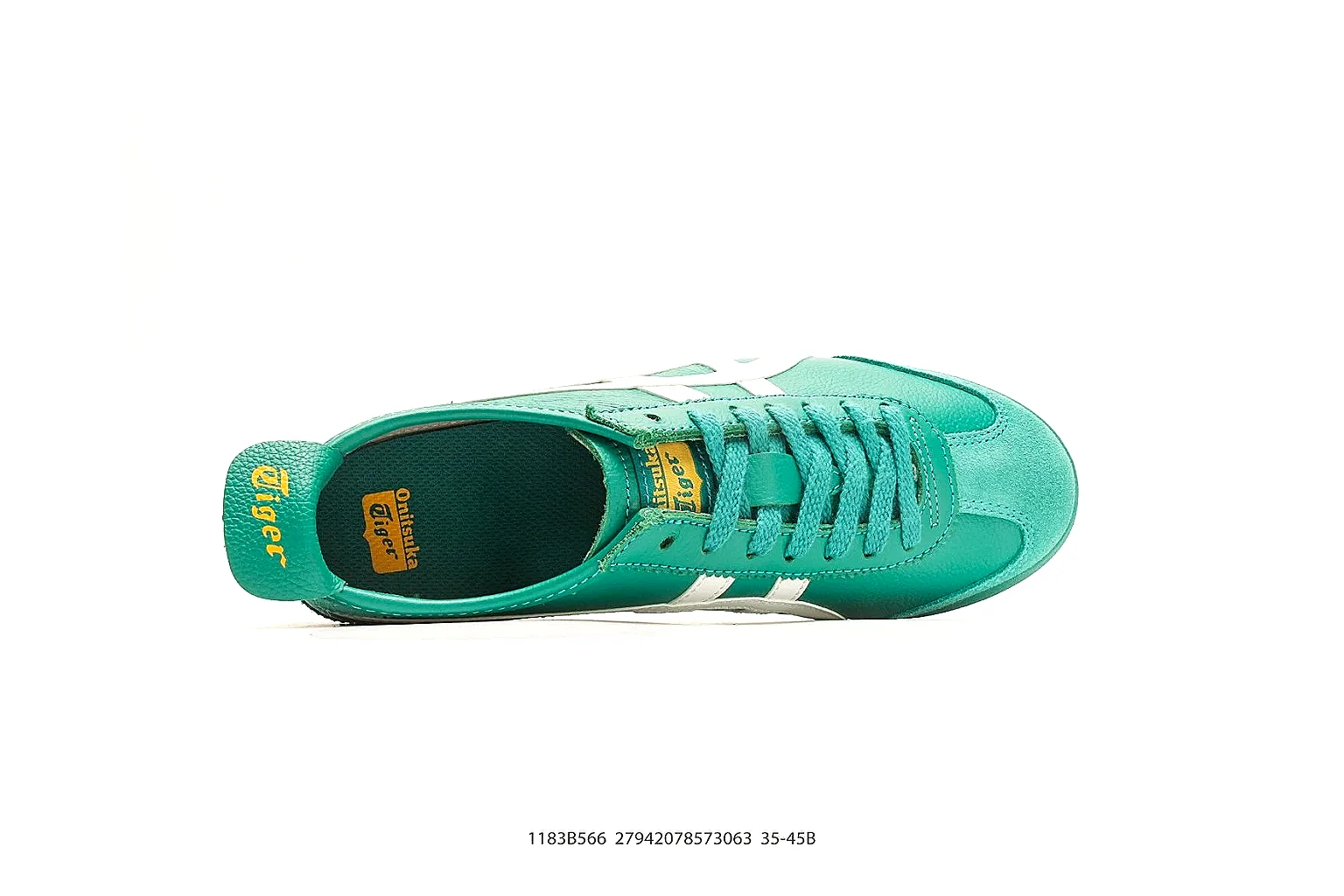 Onitsuka Tiger Mexico 66 Green White Sneakers shopping brief image showing green white low-top sneakers with leather texture, side-profile shape, upper panel lines, and outsole detail thumbnail 5