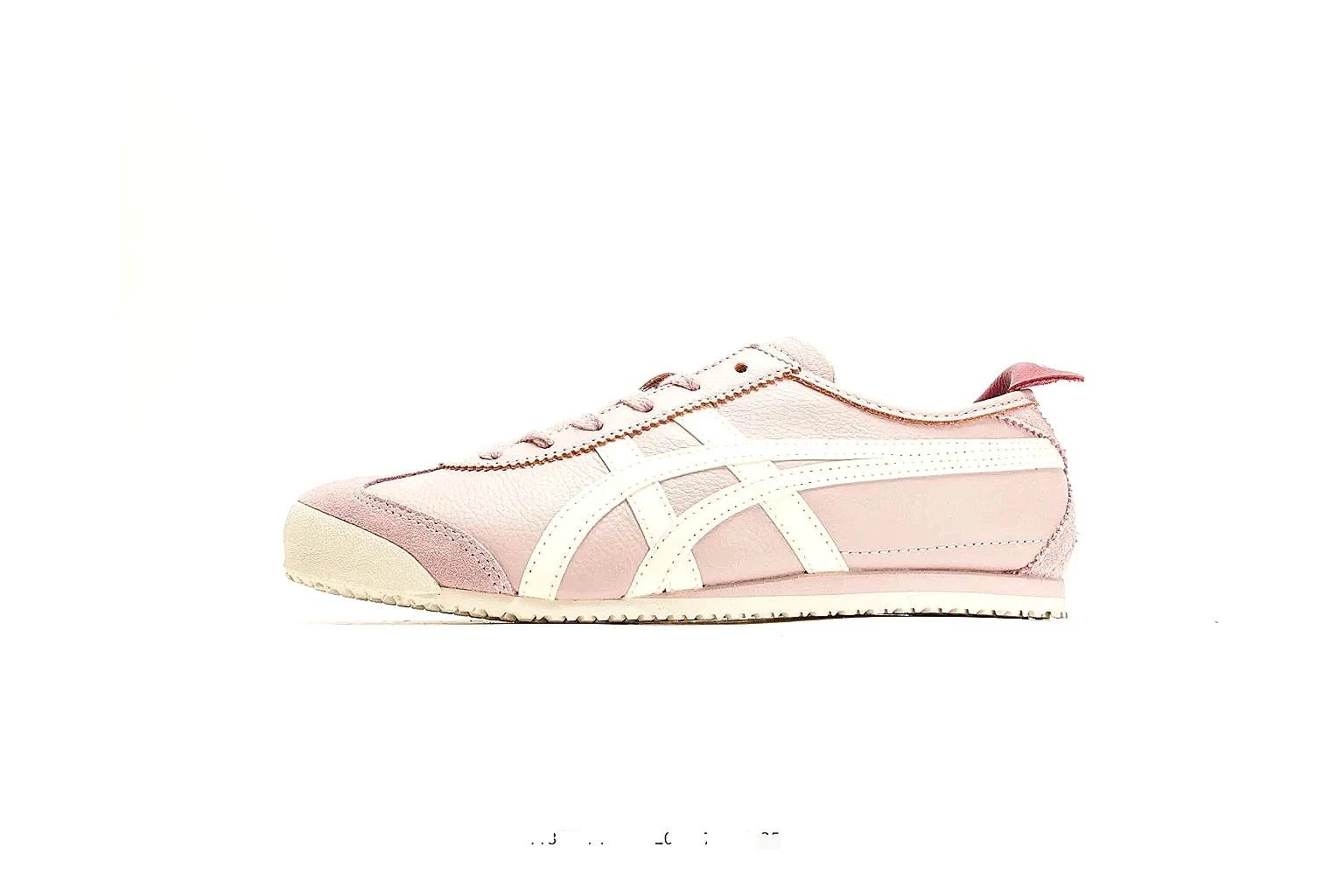 Onitsuka Tiger Mexico 66 Pink White Sneakers shopping brief image showing pink white low-top sneakers with leather texture, side-profile shape, upper panel lines, and outsole detail