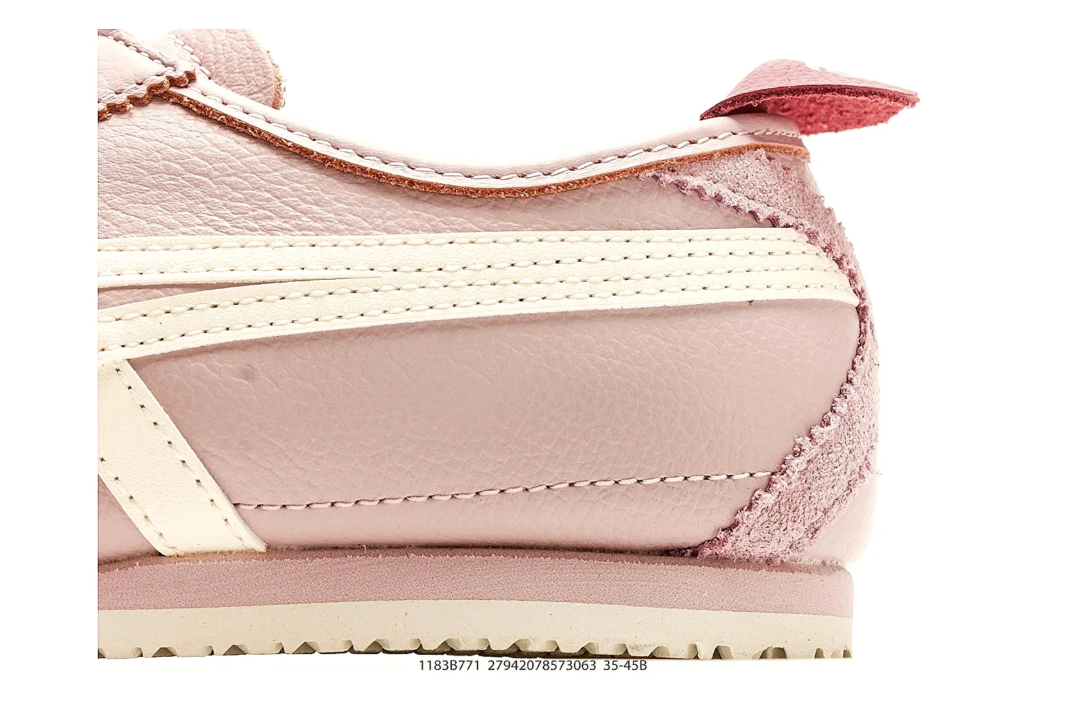 Onitsuka Tiger Mexico 66 Pink White Sneakers shopping brief image showing pink white low-top sneakers with leather texture, side-profile shape, upper panel lines, and outsole detail thumbnail 3