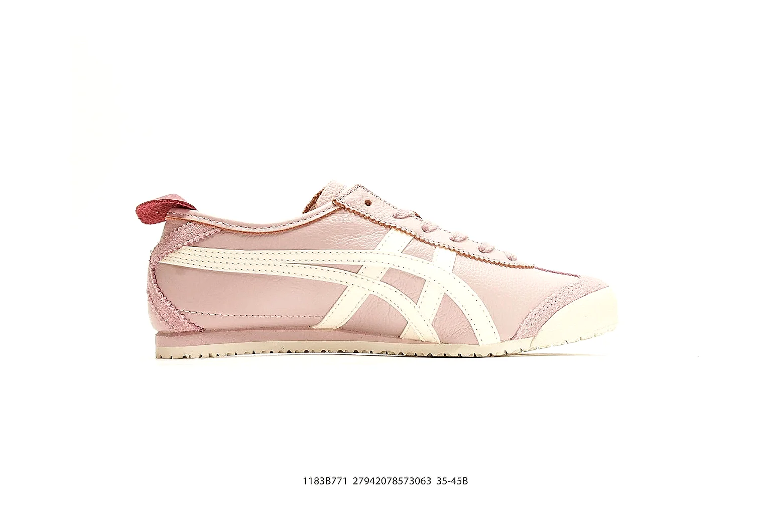 Onitsuka Tiger Mexico 66 Pink White Sneakers shopping brief image showing pink white low-top sneakers with leather texture, side-profile shape, upper panel lines, and outsole detail thumbnail 4
