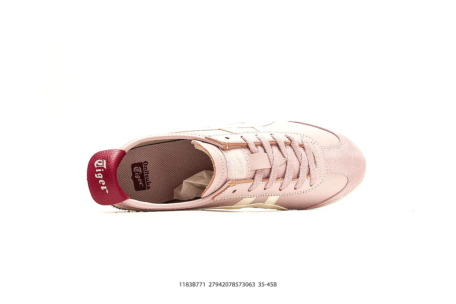 Onitsuka Tiger Mexico 66 Pink White Sneakers shopping brief image showing pink white low-top sneakers with leather texture, side-profile shape, upper panel lines, and outsole detail thumbnail 5