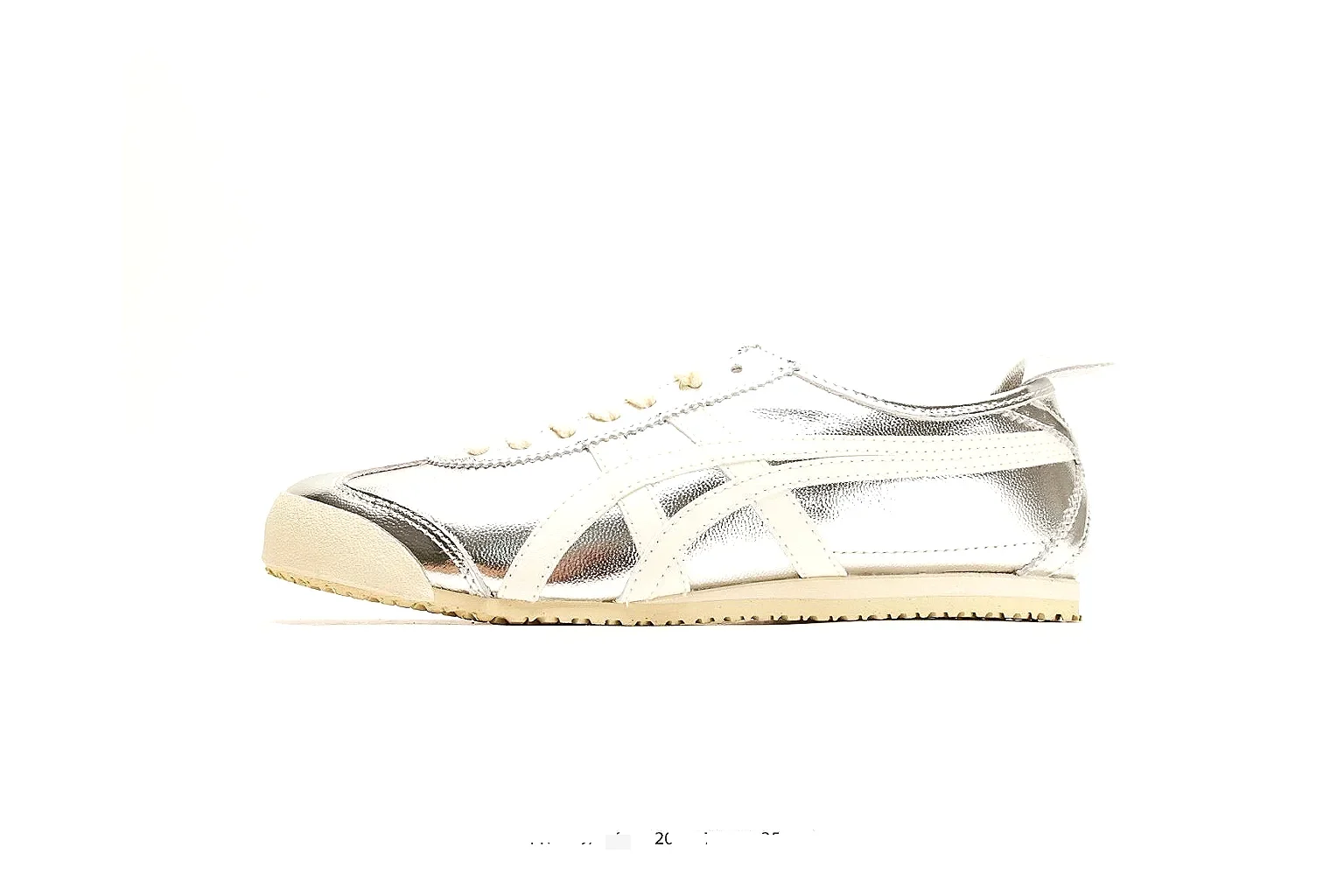 Onitsuka Tiger Mexico 66 Silver White Sneakers shopping brief image showing silver white low-top sneakers with metallic-leather texture, side-profile shape, upper panel lines, and outsole detail