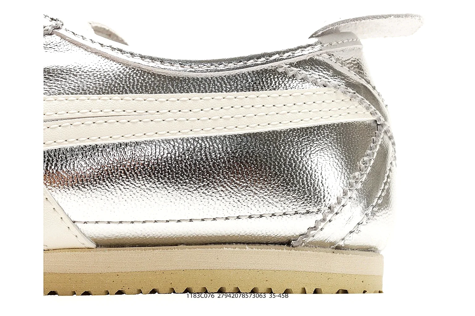 Onitsuka Tiger Mexico 66 Silver White Sneakers shopping brief image showing silver white low-top sneakers with metallic-leather texture, side-profile shape, upper panel lines, and outsole detail thumbnail 3