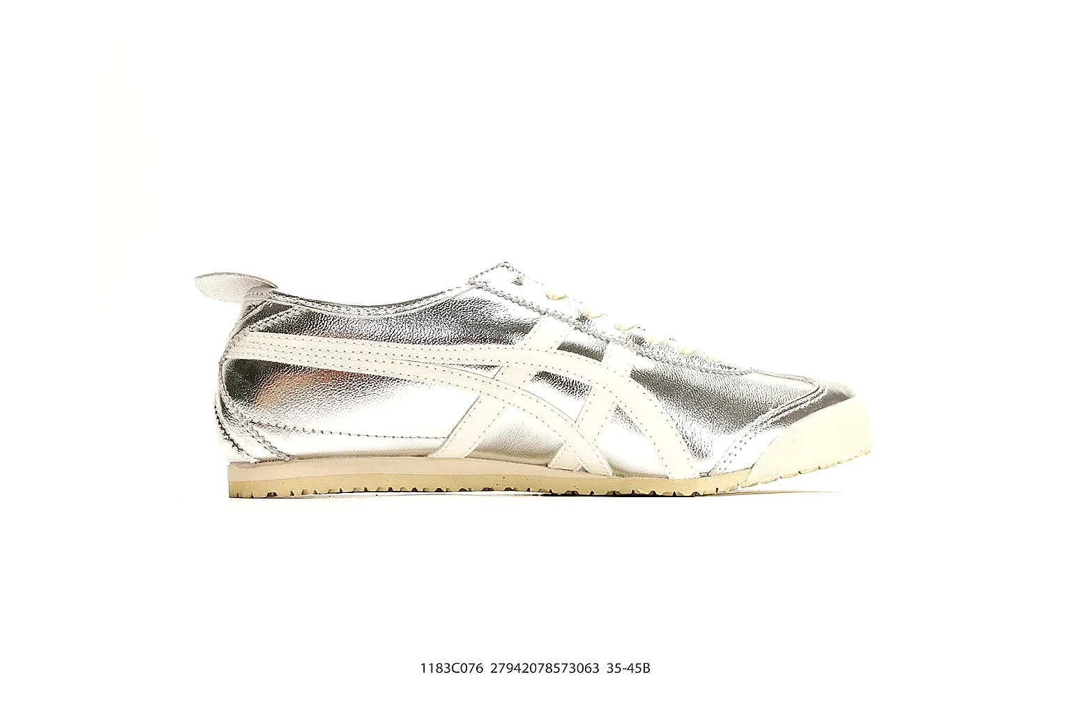 Onitsuka Tiger Mexico 66 Silver White Sneakers shopping brief image showing silver white low-top sneakers with metallic-leather texture, side-profile shape, upper panel lines, and outsole detail thumbnail 4