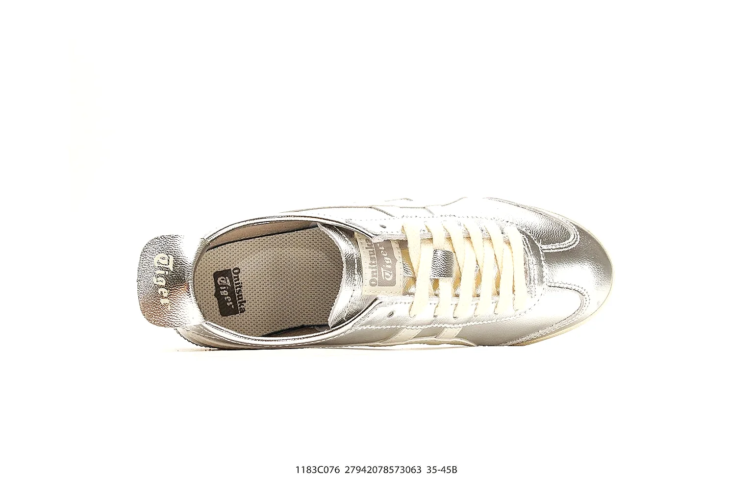 Onitsuka Tiger Mexico 66 Silver White Sneakers shopping brief image showing silver white low-top sneakers with metallic-leather texture, side-profile shape, upper panel lines, and outsole detail thumbnail 5