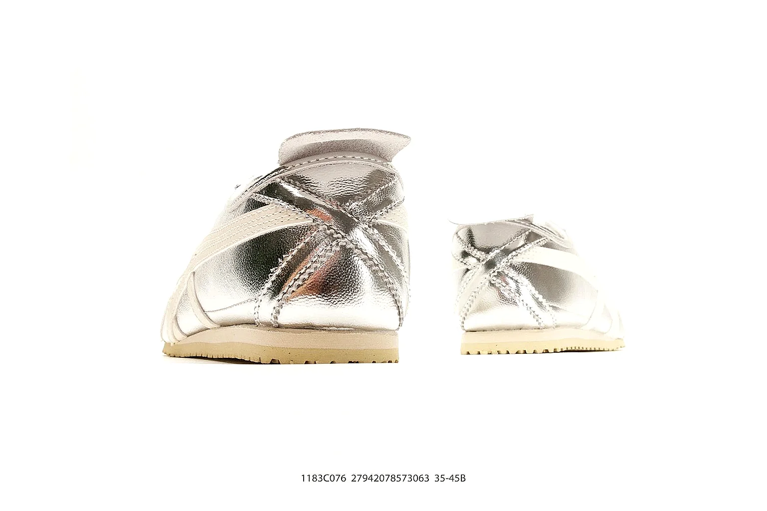 Onitsuka Tiger Mexico 66 Silver White Sneakers shopping brief image showing silver white low-top sneakers with metallic-leather texture, side-profile shape, upper panel lines, and outsole detail thumbnail 6
