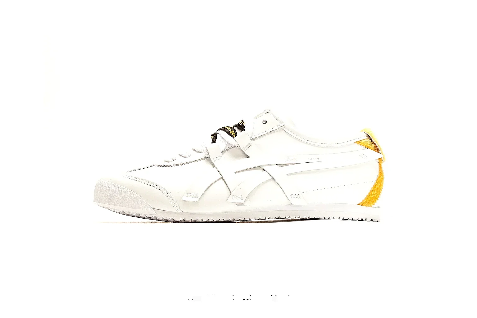 Onitsuka Tiger Mexico 66 White Yellow shopping brief photo showing white leather low-top upper, yellow Onitsuka side stripes, slim retro runner profile, and flat sole