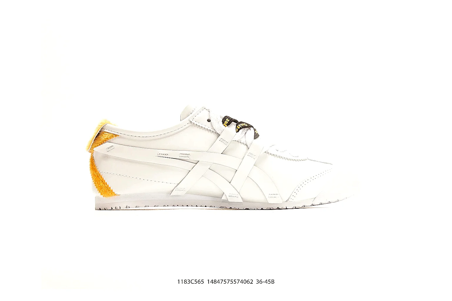 Onitsuka Tiger Mexico 66 White Yellow shopping brief photo showing white leather low-top upper, yellow Onitsuka side stripes, slim retro runner profile, and flat sole thumbnail 4