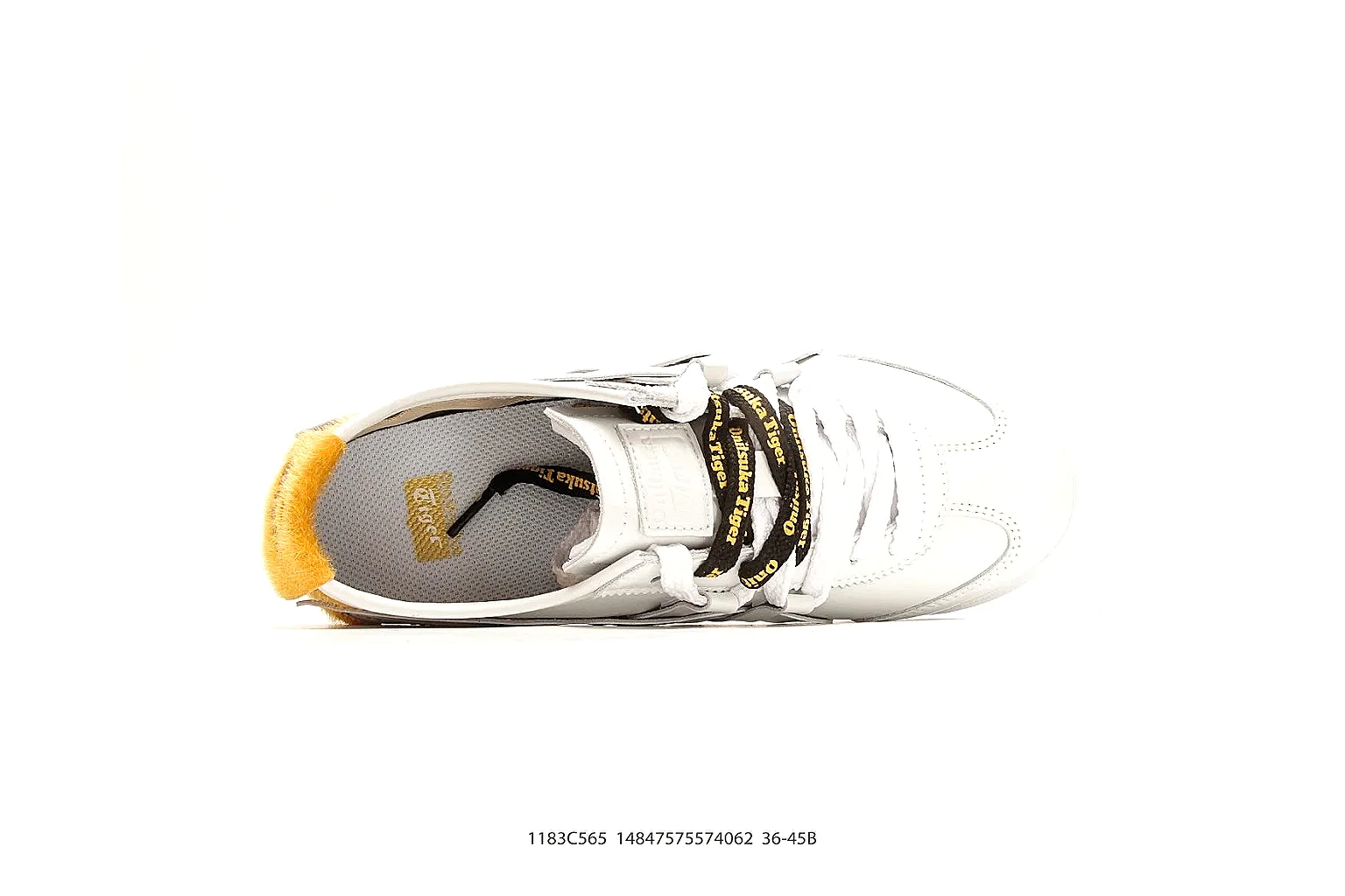 Onitsuka Tiger Mexico 66 White Yellow shopping brief photo showing white leather low-top upper, yellow Onitsuka side stripes, slim retro runner profile, and flat sole thumbnail 5