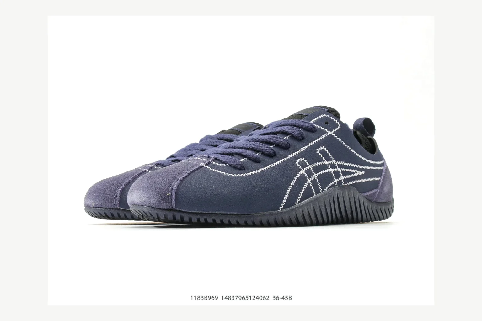 Onitsuka Tiger Navy Low Sneaker shopping brief image showing navy retro stripe low-top with mixed-material upper and low-profile shape thumbnail 2