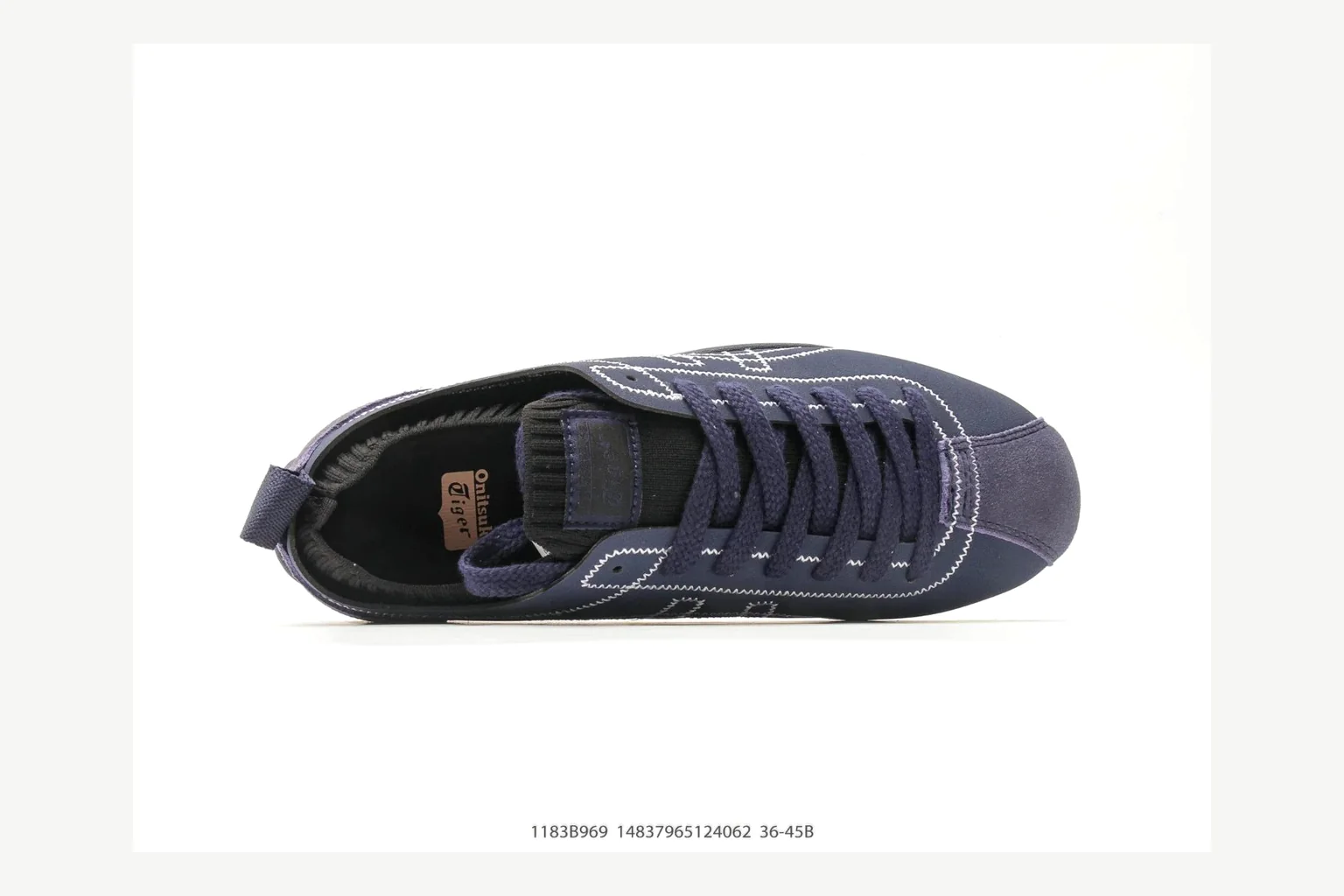 Onitsuka Tiger Navy Low Sneaker shopping brief image showing navy retro stripe low-top with mixed-material upper and low-profile shape thumbnail 5