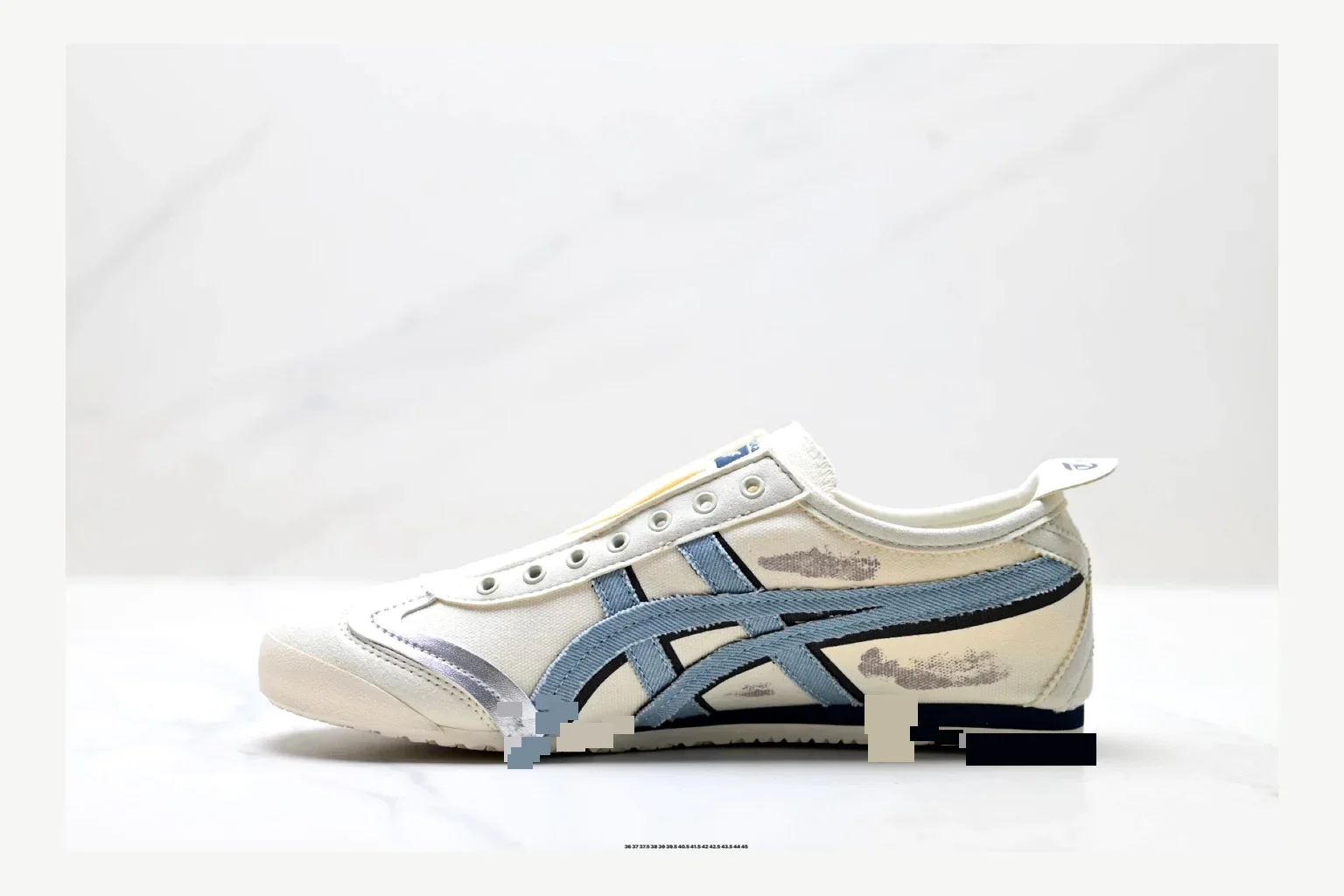 Onitsuka Tiger White Blue Sneaker shopping brief image showing white blue retro stripe low-top with mixed-material upper and low-profile shape
