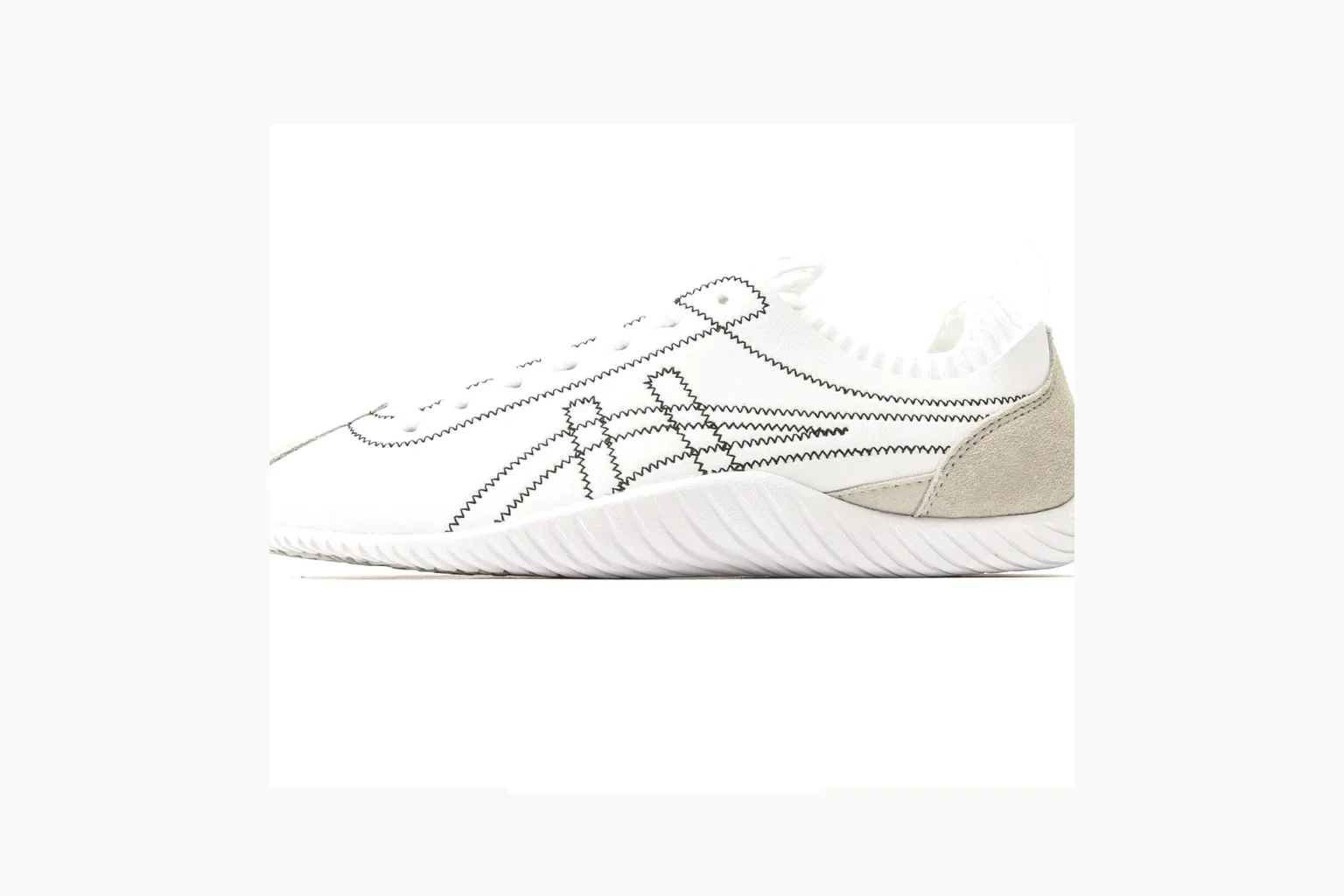 Onitsuka Tiger White Silver Sneaker shopping brief image showing white silver retro stripe low-top with mixed-material upper and low-profile shape