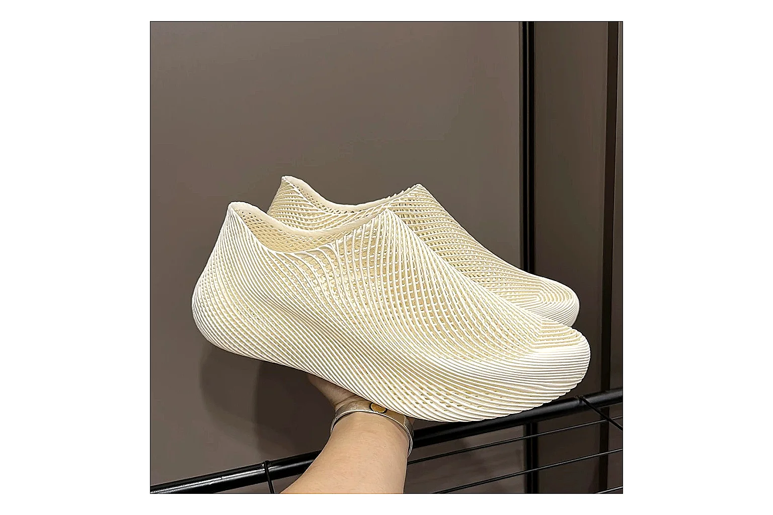 Other 4D Printed Cream Slip-On Sneakers shopping brief photo showing cream open-grid upper, seamless slip-on profile, sculpted sole, and soft futuristic casual shape thumbnail 4