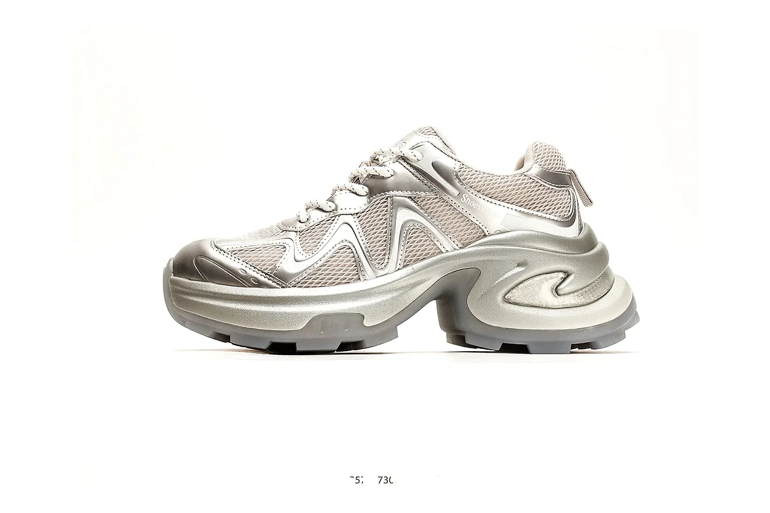 Chunky Runner Silver Gray Sneaker shopping brief photo showing silver gray synthetic-mesh upper, layered chunky panels, runner silhouette, and thick cushioned sole