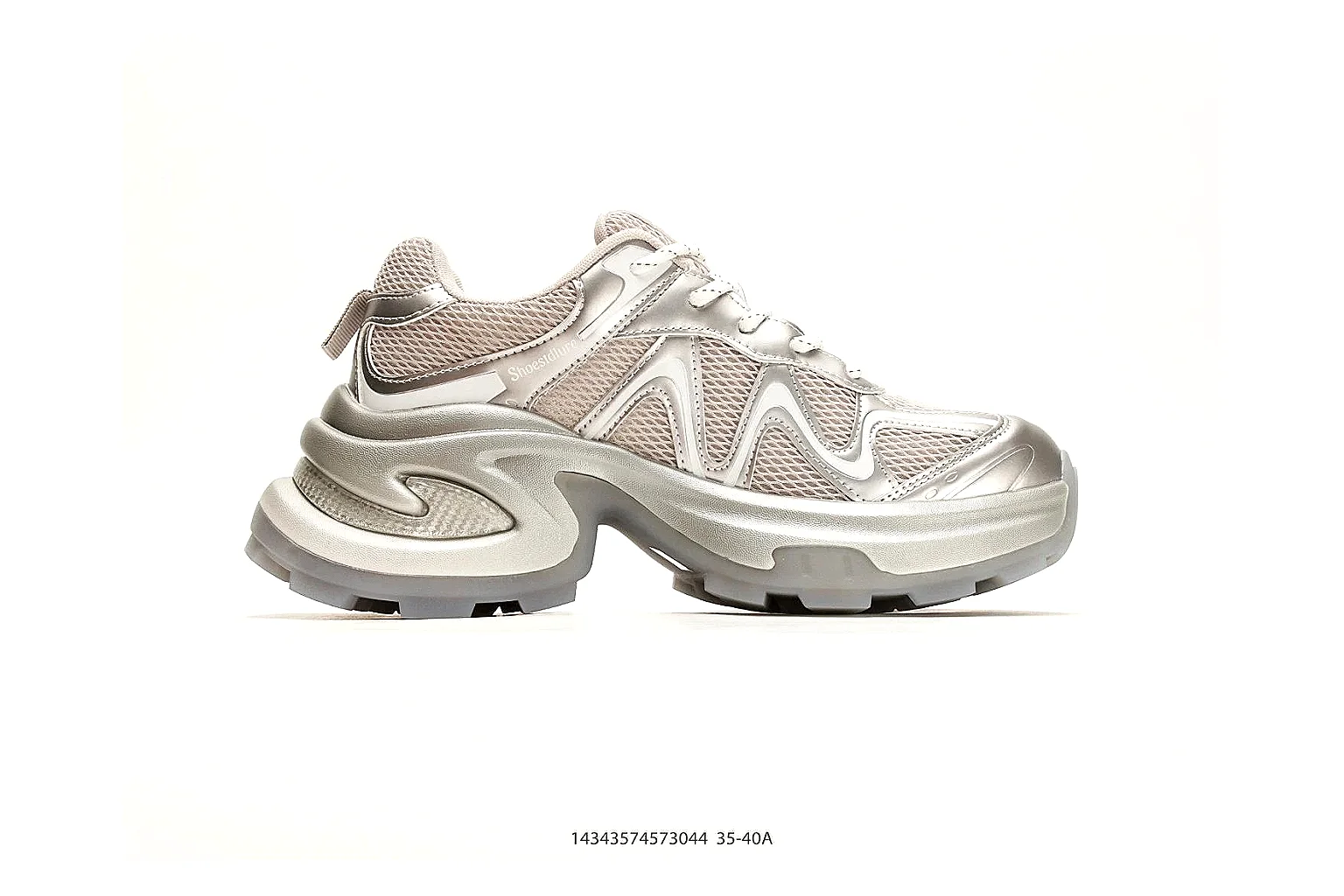 Chunky Runner Silver Gray Sneaker shopping brief photo showing silver gray synthetic-mesh upper, layered chunky panels, runner silhouette, and thick cushioned sole thumbnail 4