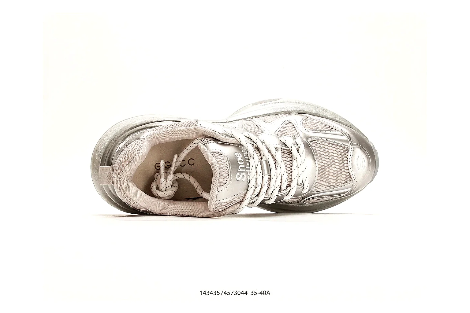 Chunky Runner Silver Gray Sneaker shopping brief photo showing silver gray synthetic-mesh upper, layered chunky panels, runner silhouette, and thick cushioned sole thumbnail 5
