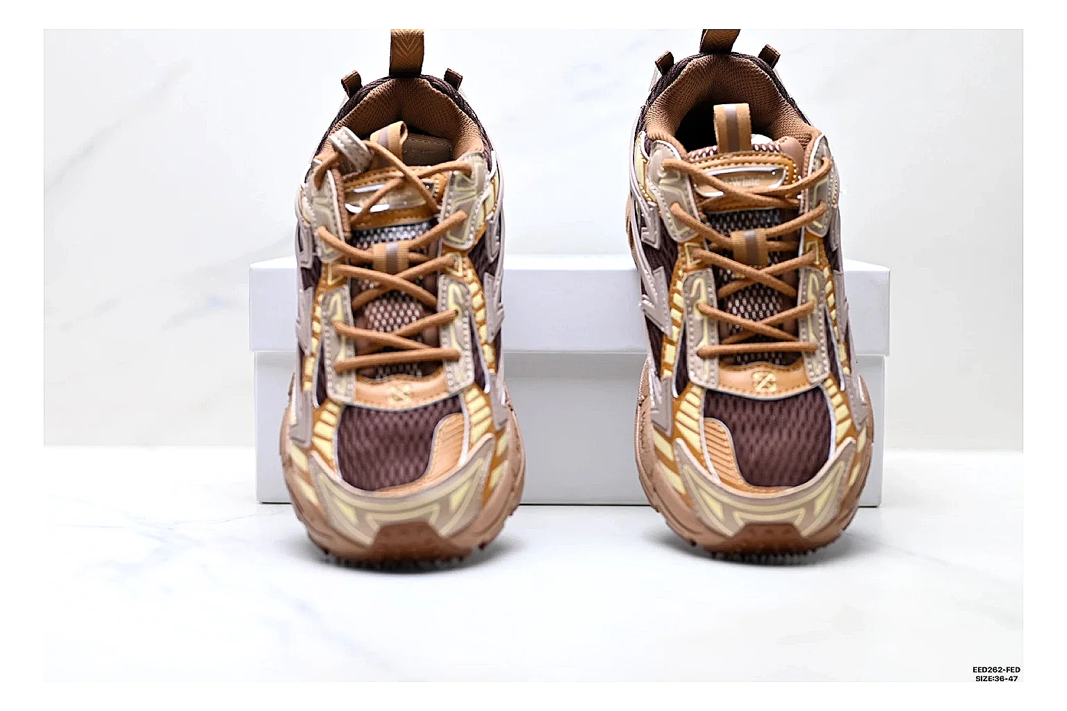 Trail Runner Brown Gold Sneaker shopping brief photo showing brown gold mesh-suede runner upper, rugged trail profile, protective overlays, and traction sole thumbnail 3